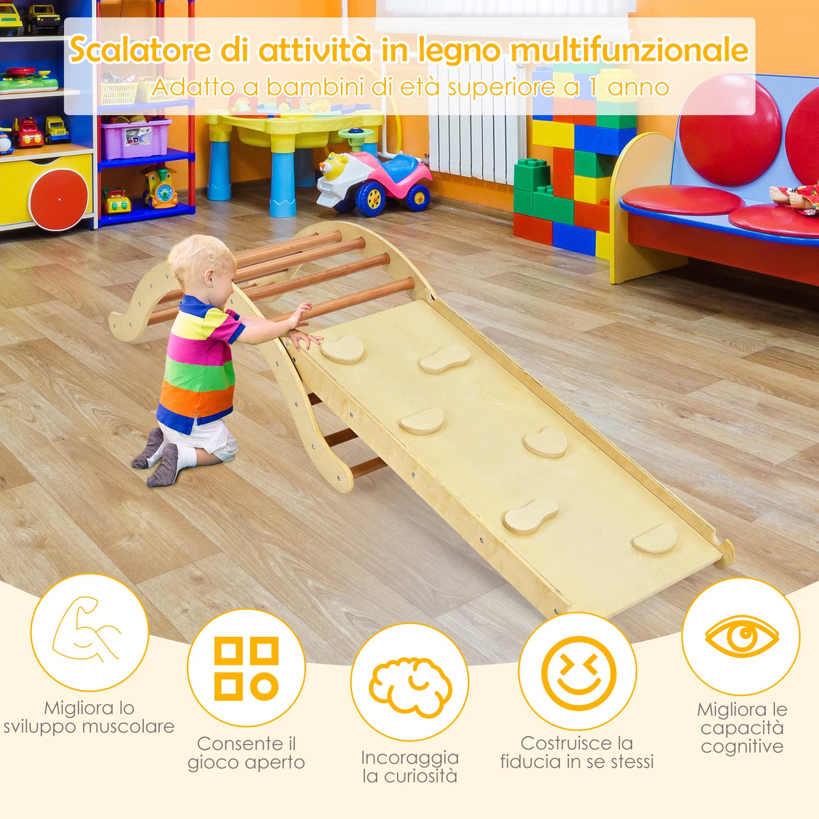 COSTWAY 4 in 1 Set da Arrampicata per Bambini, Scala Giochi Arrampicata con Tappetino, Scala a Volta Versatile per Arrampicarsi e Scivolare, Carico 60 kg (Naturale)