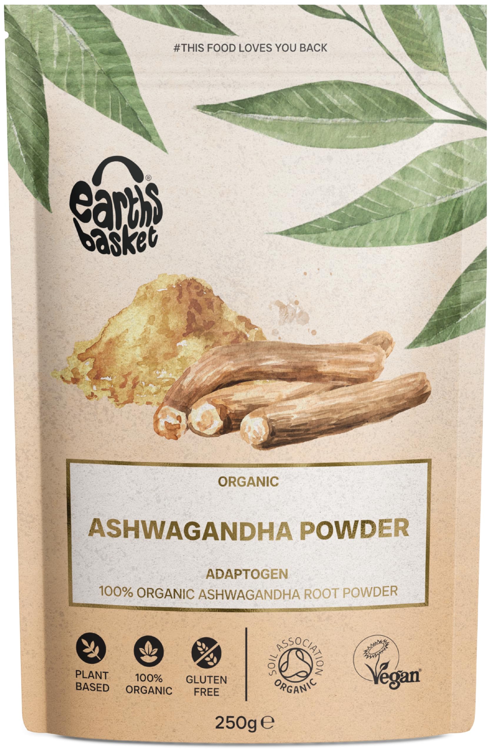 Earths Basket Organic Ashwagandha Powder 250g - Certified Organic - Adaptogenic Stress & Energy Support - Vegan & Gluten-Free - 100% Pure Ashwagandha Root PowderSoil AssociationEU OrganicSoil AssociationSoil Association