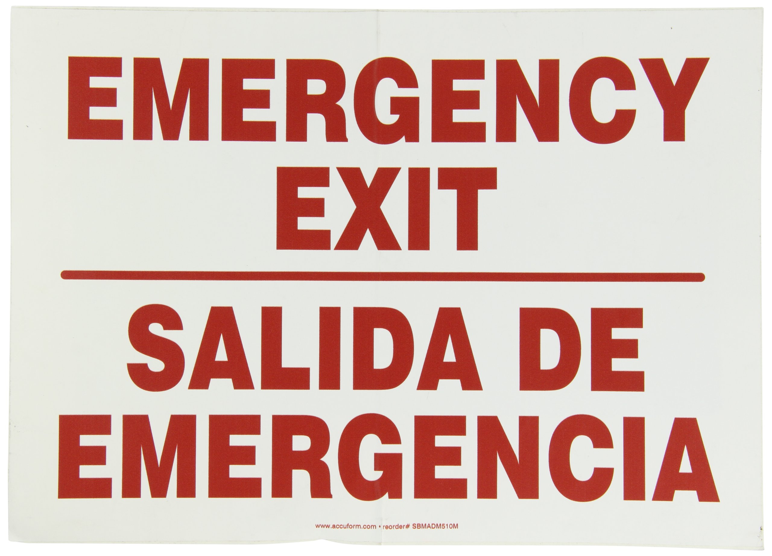 Accuform SBMADM510MVS Adhesive Vinyl Spanish Bilingual Sign, Legend "Emergency EXIT/Salida DE EMERGENCIA", 10" Length x 14" Width x 0.004" Thickness, Red on White