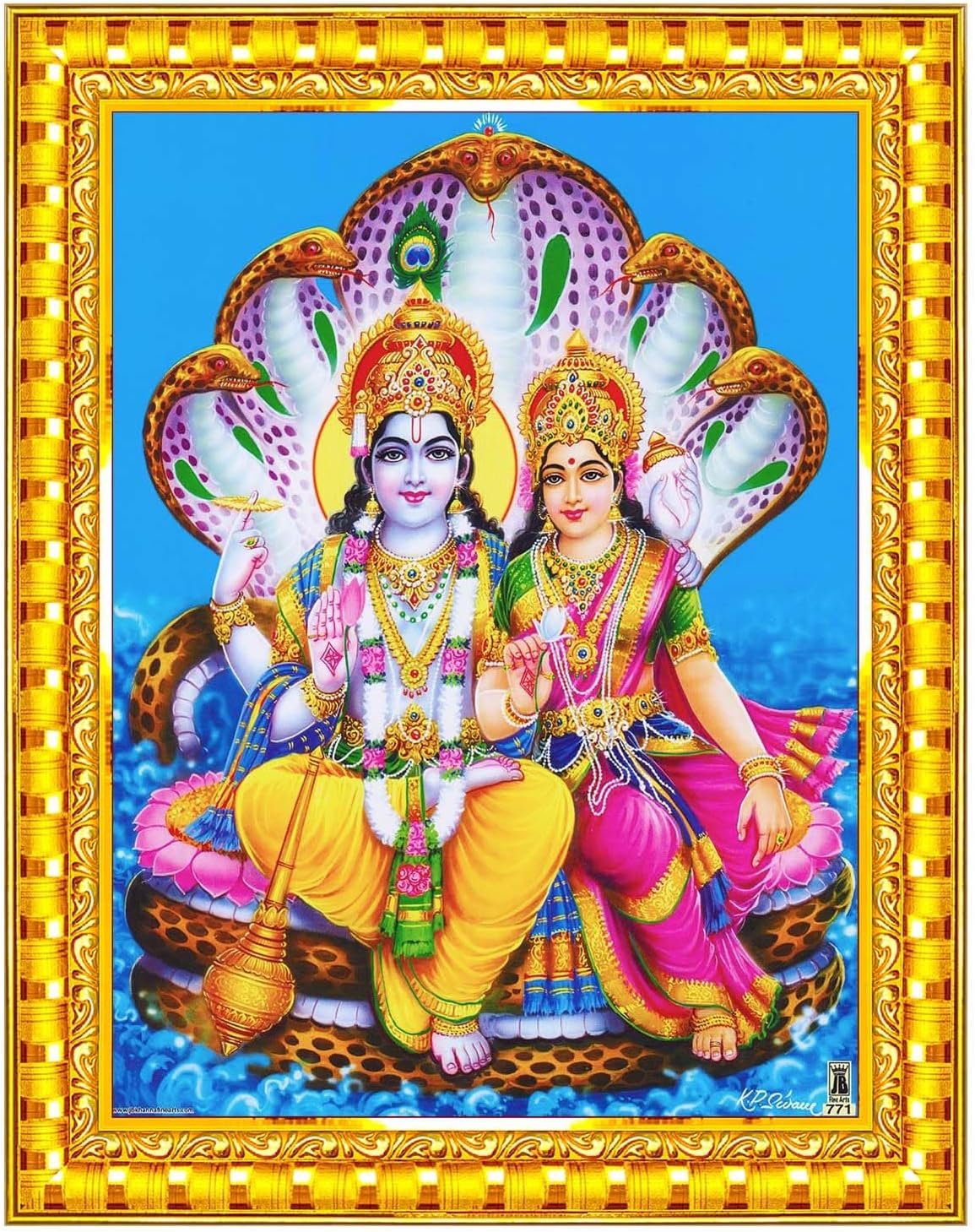 Pavan Photo Laminations Lord Vishnu Dev Lakshmi Devi Laxmi Narayan Ji Wall Painting Framed Home Decor (Wood,Acrylic,Gold,Small Size,6x8 Inch) R584S