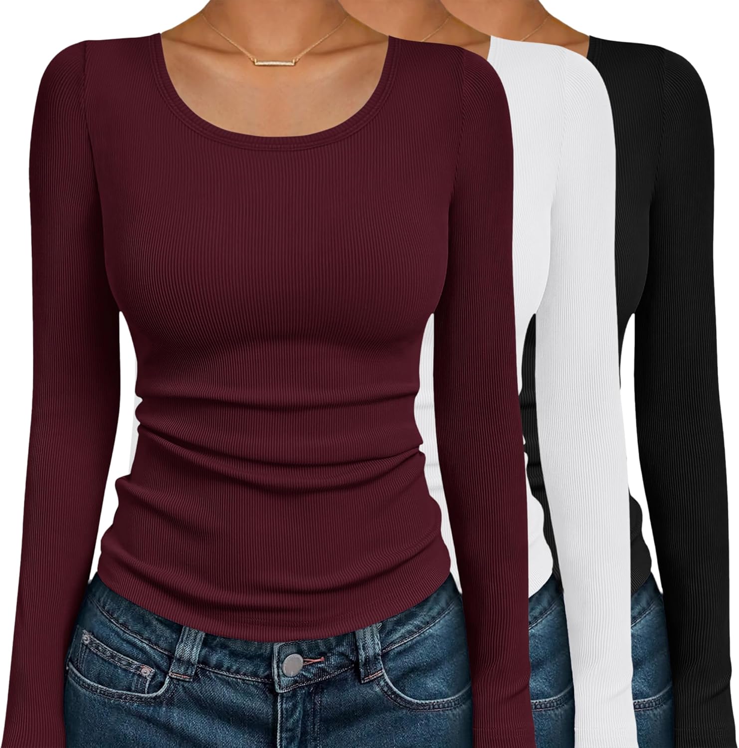 Ekouaer Womens Long Sleeve Shirts 3 Packs Scoop Neck Ribbed Tops Fitted Thermal Undershirt Soft Layering Tees XS-XXL