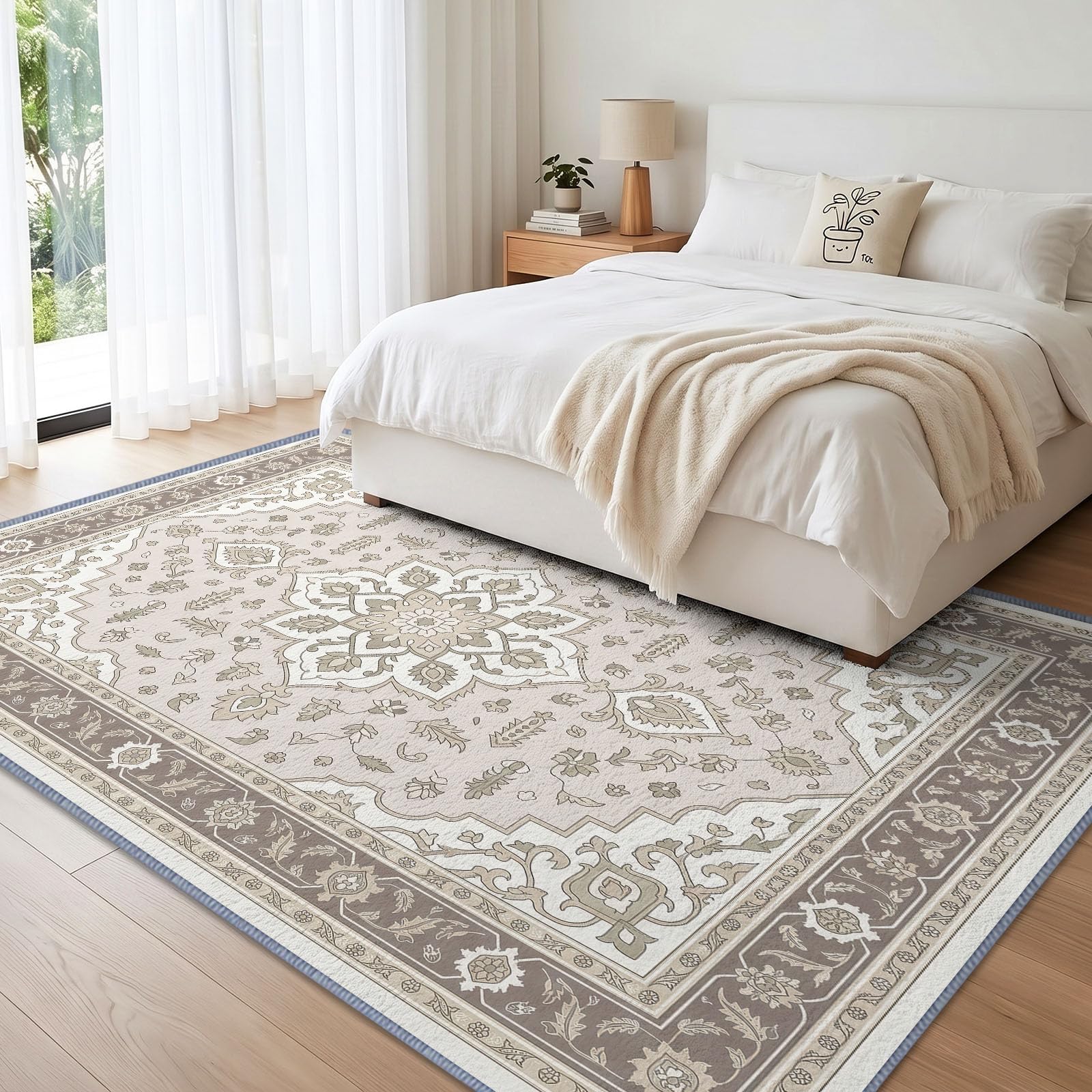 Générique Médaillon Floral Crème Tapis Poils Ras 120x170 cm