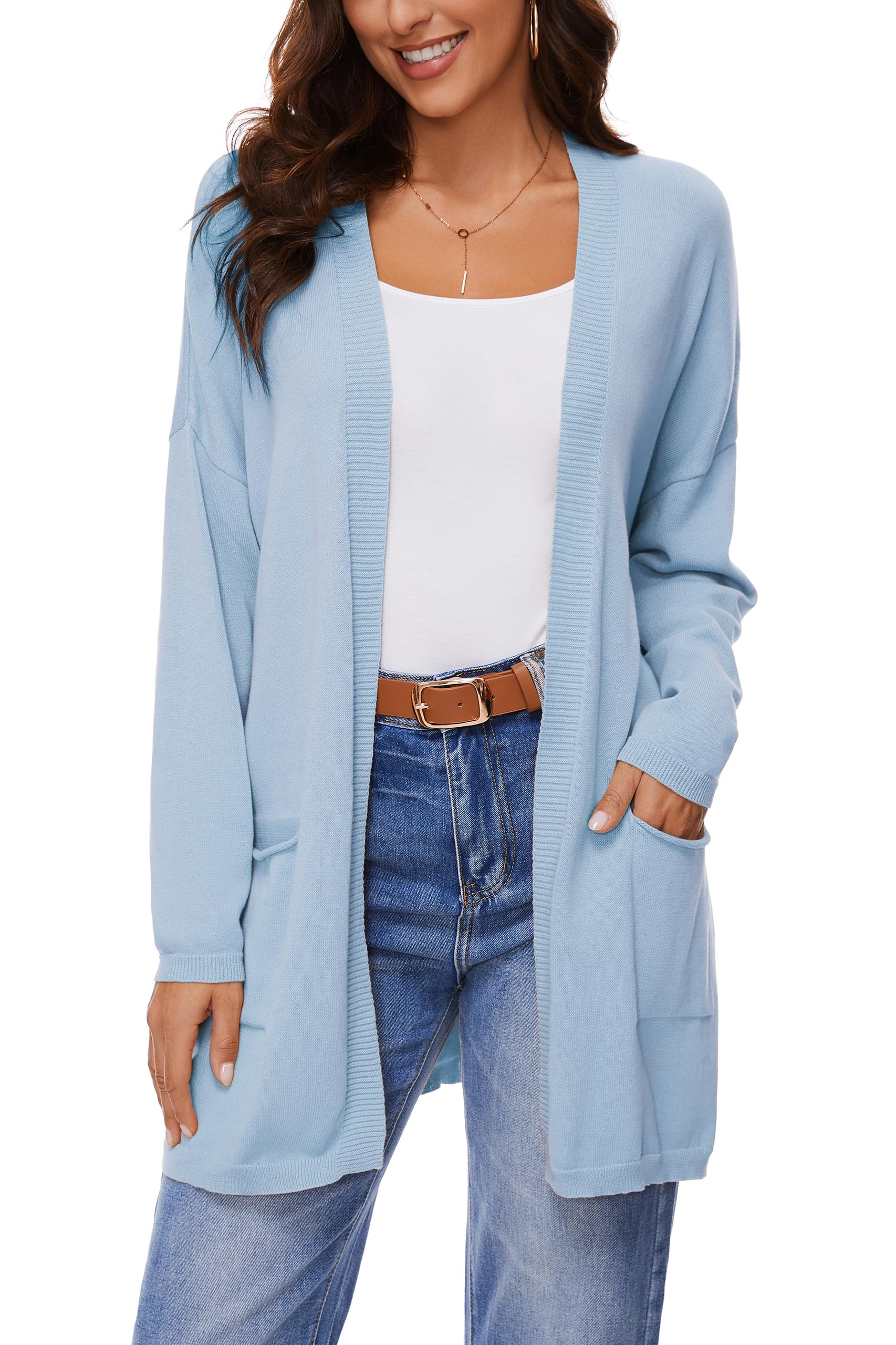 Cardigan Aperto in Cotone 100% per Donna con Tasche, Maniche Lunghe, Morbido, Oversize, Maglione Casual da Donna, Blu Chiaro, S