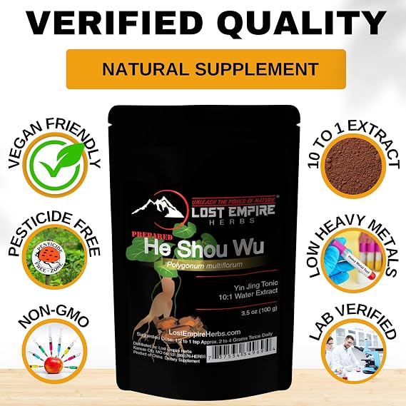 Lost Empire Herbs He Shou Wu 10:1 Extract Powder | Polygonum multiflorum or Fo-Ti Traditionally Prepared Roots for Jing (100 Grams)