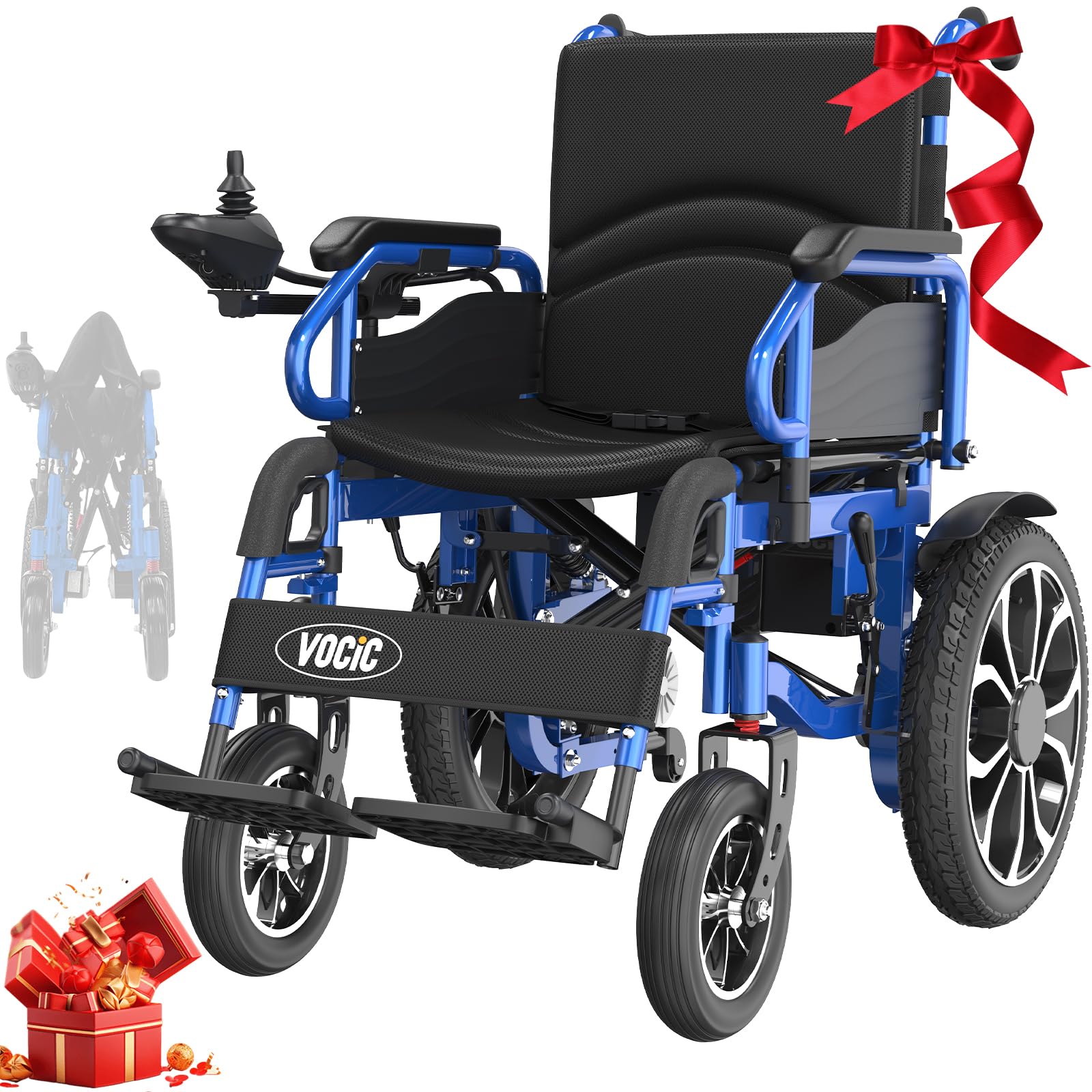 VOCIC V56 Elektrorollstuhl für Senioren Faltbar Leicht,30KM | Tragbarer Rollstuhl Elektrisch bis 150KG,Elektrischer Rollstühle mit 40CM Gummi Luftbereifung für all Gelände,(himmelblau)