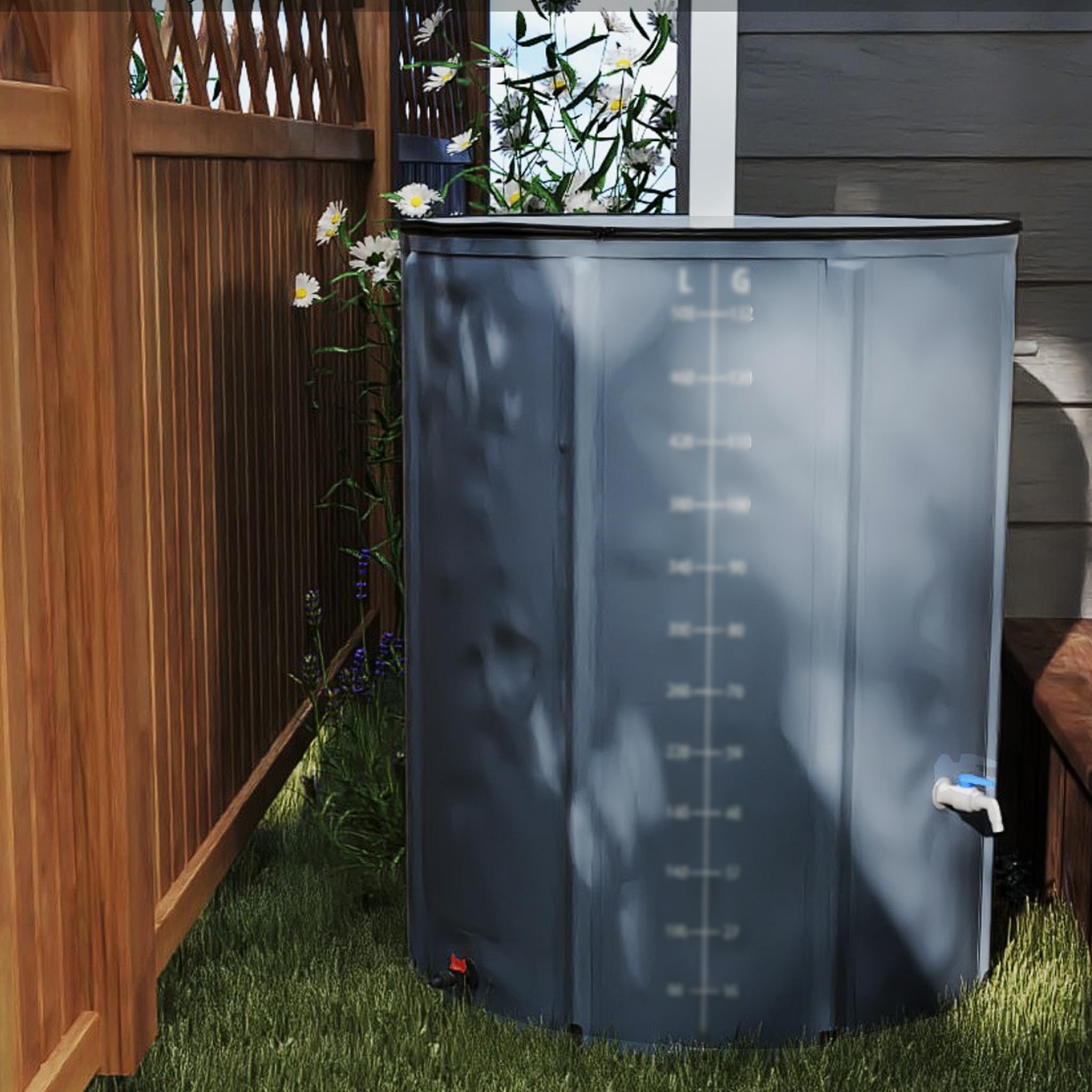 YRHome Serbatoio per acqua piovana pieghevole, 750 litri, resistente ai raggi UV e alle intemperie, con protezione da troppopieno e scala laterale, compatto per giardino, balcone, campeggio, antracite