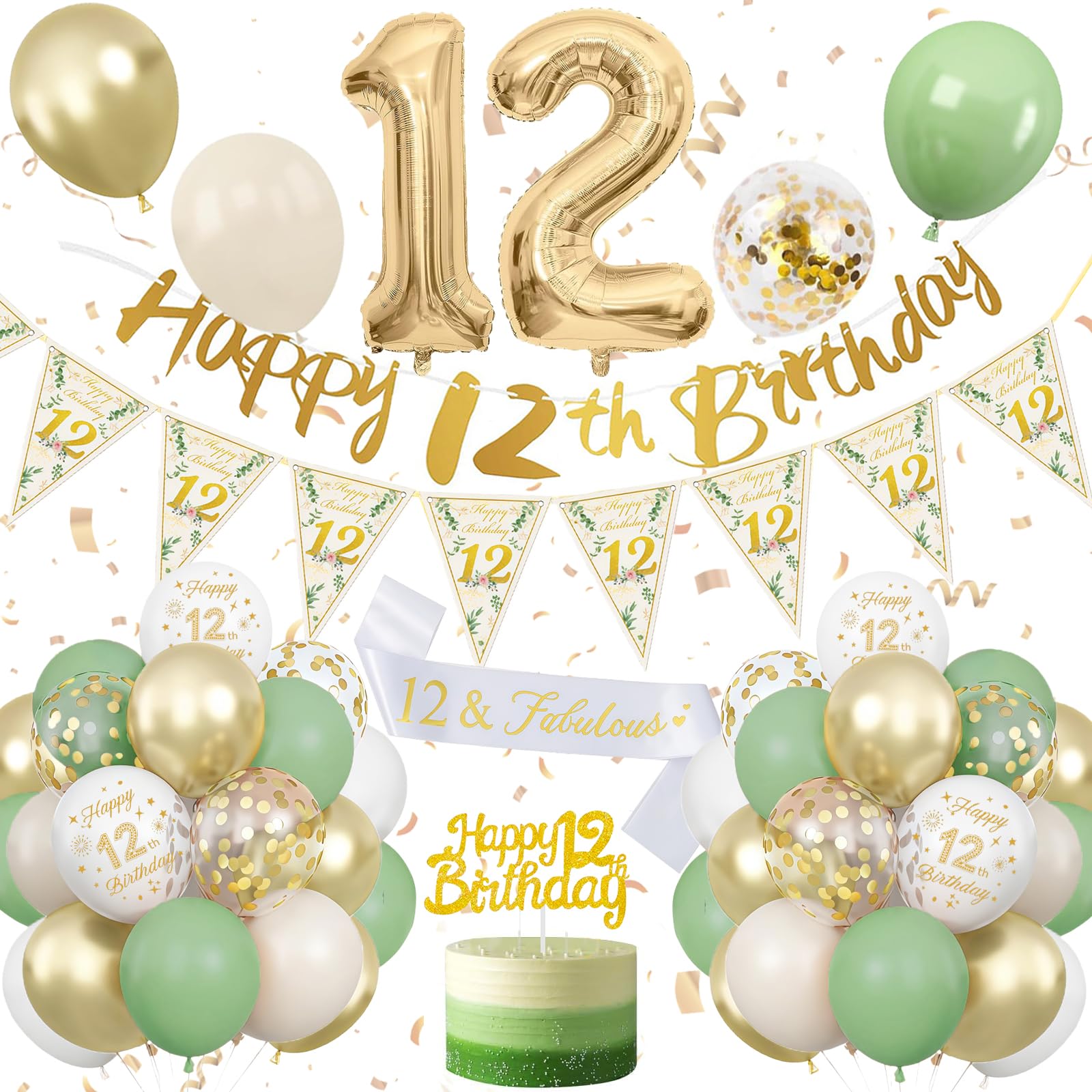 12th Birthday Decoration Sage Green, Green White Gold Birthday Decorations for 12 Year Old, Number 12 Balloons with Banner, Cake Decoration for Boy and Girl, 12 Year Old Birthday Decoration
