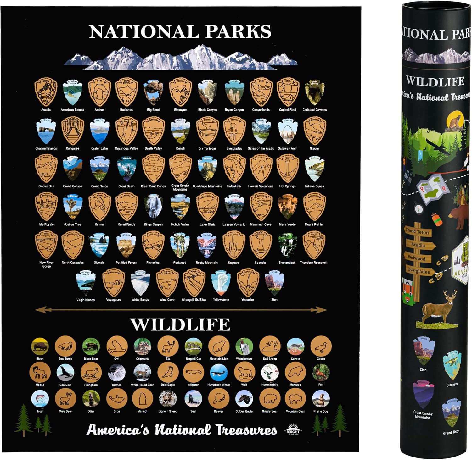 Bright Standards National Parks Scratch Off Map of United States Poster [Includes Wildlife], National Parks Map, US Travel Maps, USA Gifts for Travelers Road Trip Adventure, Fits 16”x20” frame