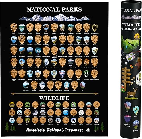 Bright Standards Póster de los parques nacionales para raspar mapa de Estados Unidos [incluye vida silvestre], mapa de parques nacionales, mapas de