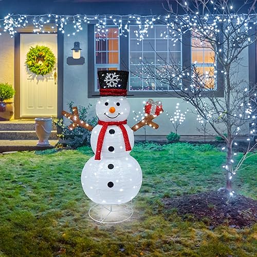 Vista 49 de Muñeco de nieve iluminado para exteriores, muñeco de nieve emergente para exteriores, decoración de Navidad preiluminada, 100 luces, muñecos