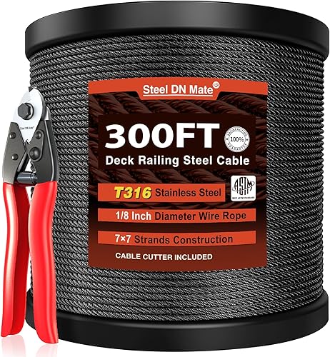 Miniatura 9 de Steel DN Mate Cuerda de alambre negra de 400 pies y 18 pulgadas, cable de acero inoxidable de grado marino T316L para sistema de barandilla de cable