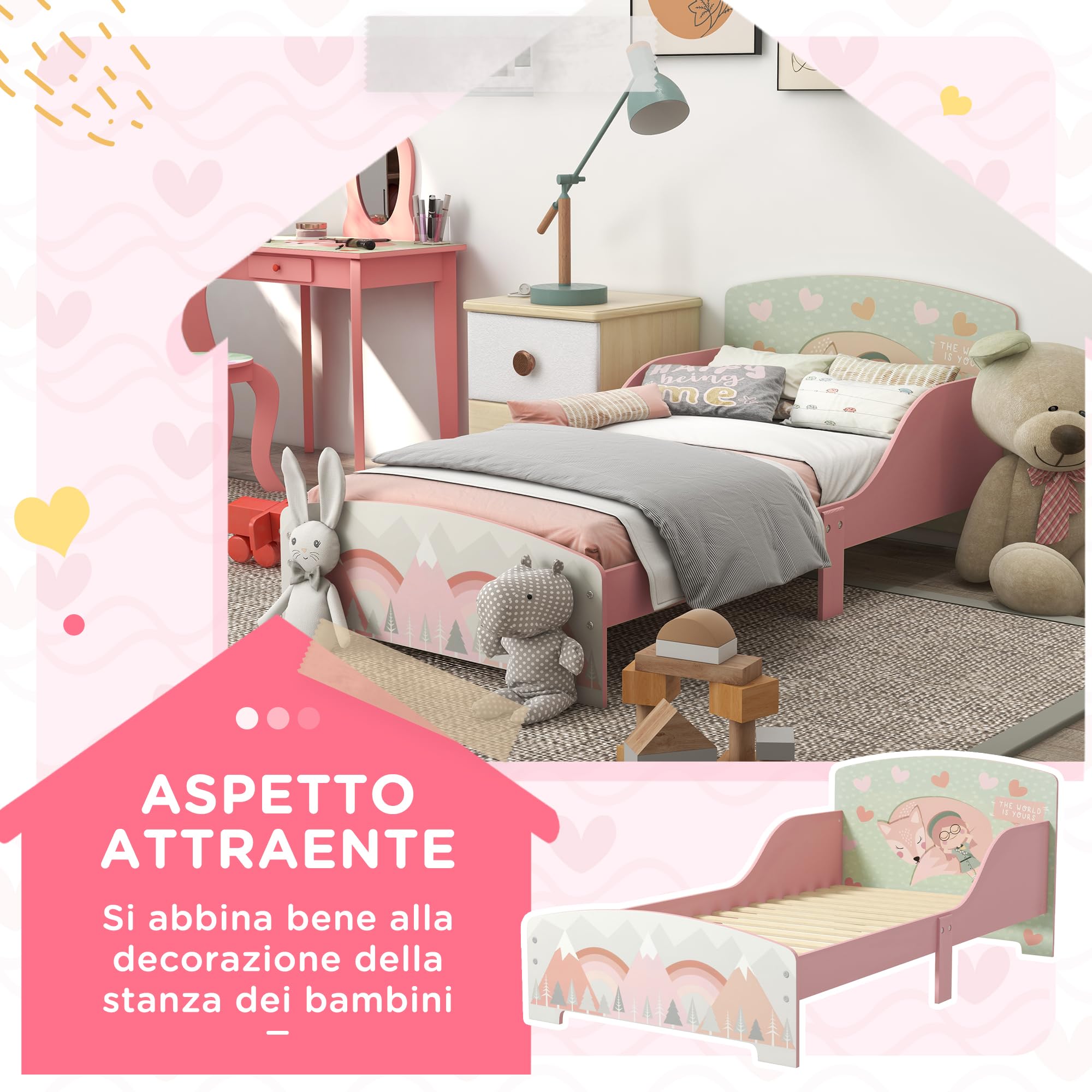 ZONEKIZ Letto per Bambini 3-6 Anni con Bordi Rialzati, Lettino per Bimbi 140x70 cm con Doghe e Fantasia con Animali, Rosa