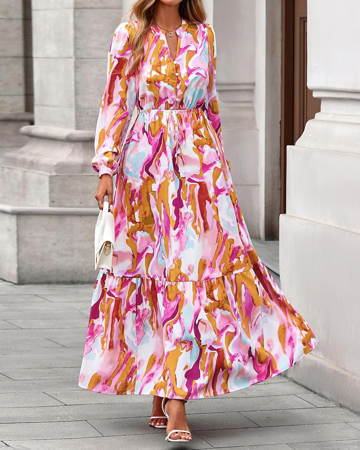 BTFBM Women Boho Maxi Dress Fall Fashion 2025 Floral Long Sleeve V Neck Button Pockets Flowy Vacation Wedding Dresses - Image 8