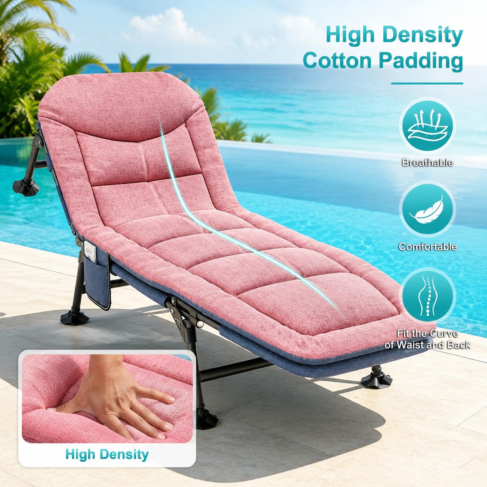 Lit de camp pliable avec coussin de nuque et poche latérale - 190 x 65 x 30 cm - Charge maximale : 150 kg - Pliable - Léger - Compartiment réglable - Lit d'invité pliable pour jardin, voyage
