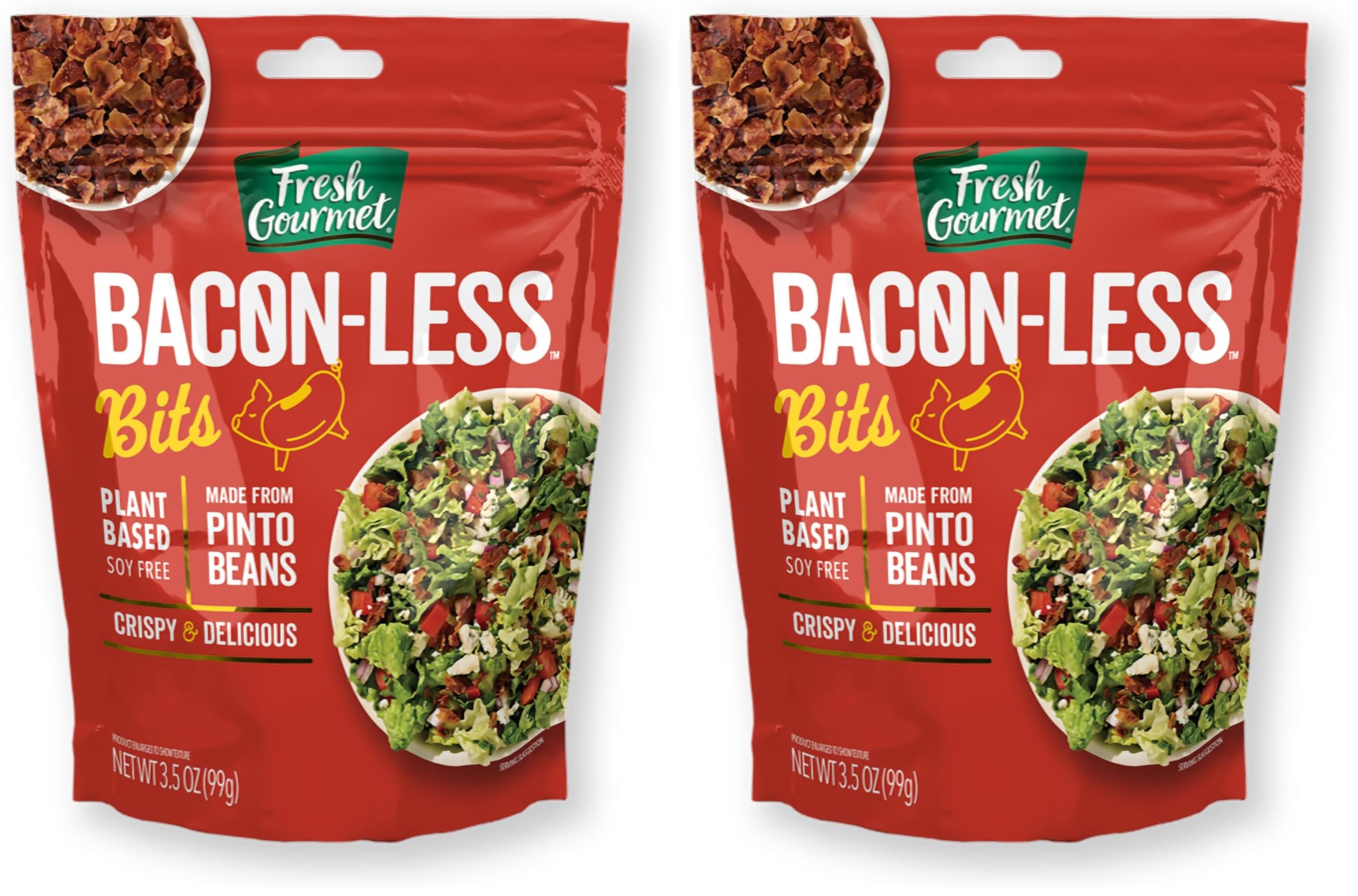 Fresh Gourmet Vegan Bacon-Less Bits - 3.5 oz Plant-Based Topping for Salads, Potatoes, Soups, and More | Soy-Free, Kosher, and Smoky Flavor | Resealable Pouch (Pack of 2)