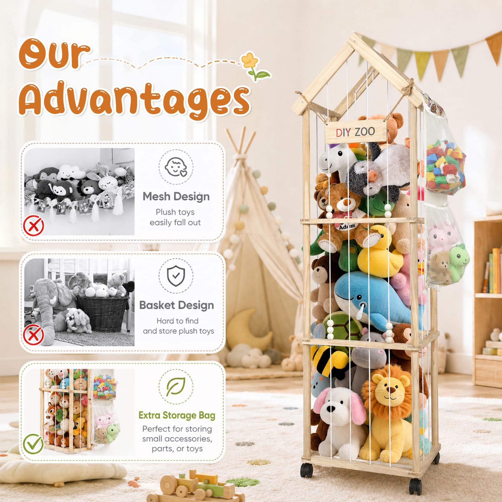 Kuscheltier Aufbewahrung, Stofftier Aufbewahrung 146 * 42 * 32cm Plüschtier Lagerung für Kinderzimmer, Spielzimmer, Schlafzimmer, Kinderzimmer Mit Aufbewahrungsbeutel(mit Dach)