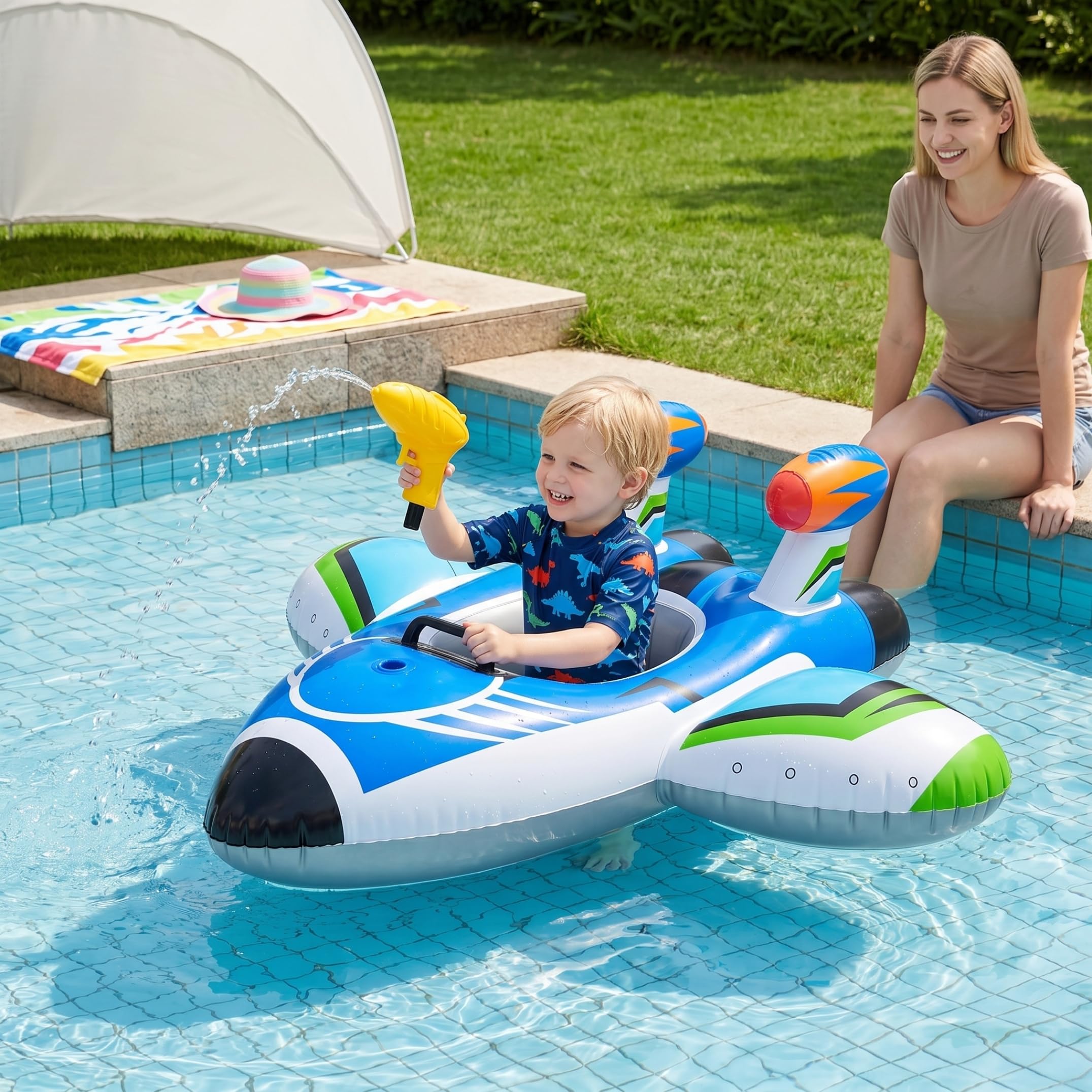 Flotador para niños pequeños, Flotador de Piscina para niños de PVC con Pistola de Agua, avión Inflable, flotadores para, Juguetes Divertidos y Seguros para Piscina, para Edades de 1 a 6 años