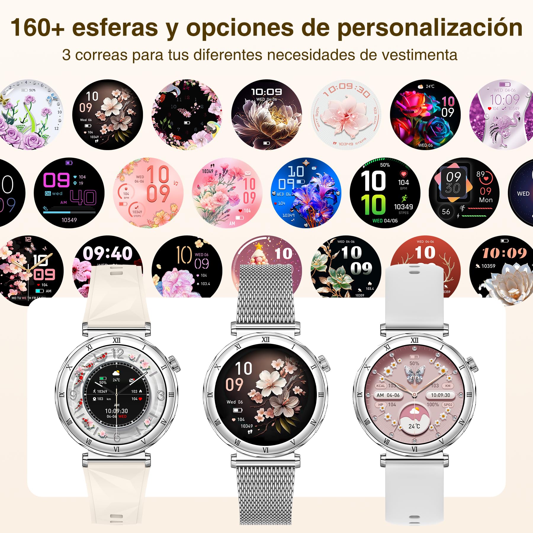 Reloj Inteligente Mujer Redondo(3 Correas) Smartwatch 1,19" AMOLED Responder/Hacer Smart Watch Compatible iPhone Android Monitorear Sueño/SpO2/FC, 120 Modos Deportivos IP68 Resistente Agua, Plateado