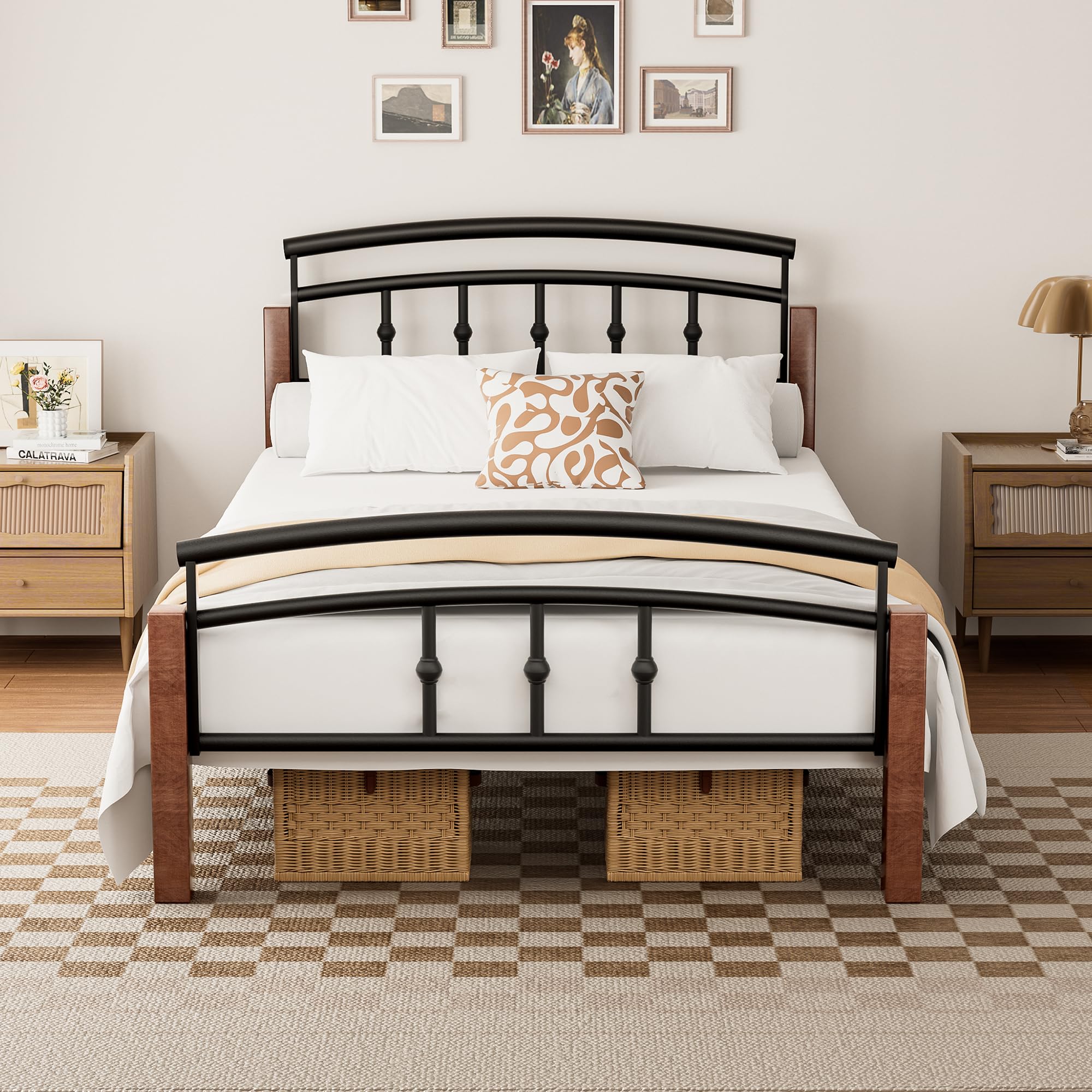 Twin Bed Frame, Vintage Metal Platform Bed Frame with Victorian Style Iron-Art Headboard/Footboard, Under Bed Storage, Mattress Foundation No Box Spring Needed, Black