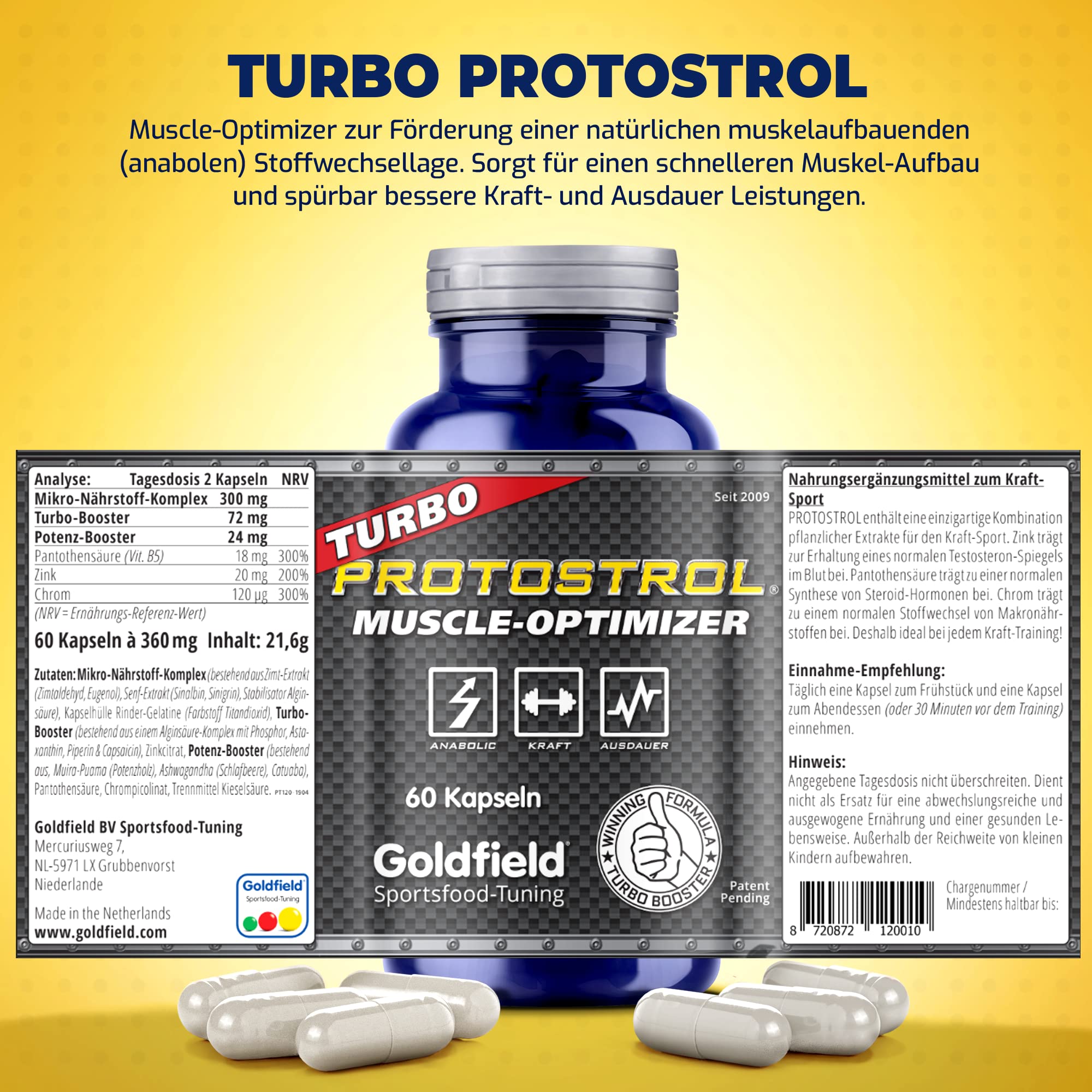 NEU! Goldfield Protostrol | Natural Anabolika | Muskelaufbau Kapseln aus pantentiertem Phenacrosinol ™Komplex | Potenz Ashwagandha | Calisthenics - Fitness & Testo Booster | 60 Kapseln