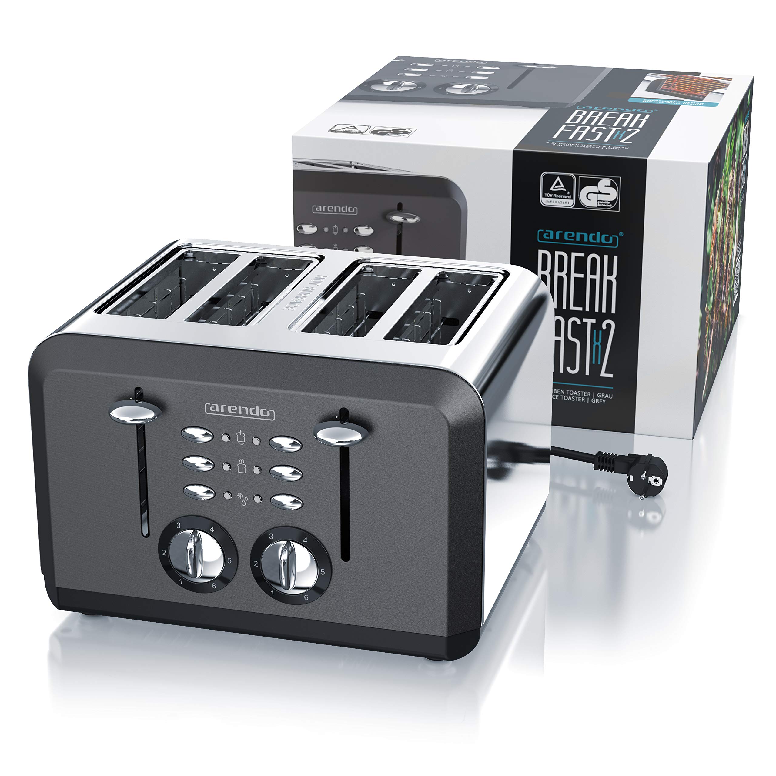 Arendo - Automatik Toaster 4 Scheiben in Edelstahl, bis zu vier Sandwich und Toast-Scheiben, Bräunungsgrad 1-6, Aufwärm und Auftaufunktion, Krümelschublade, 1630 W, GS zertifiziert