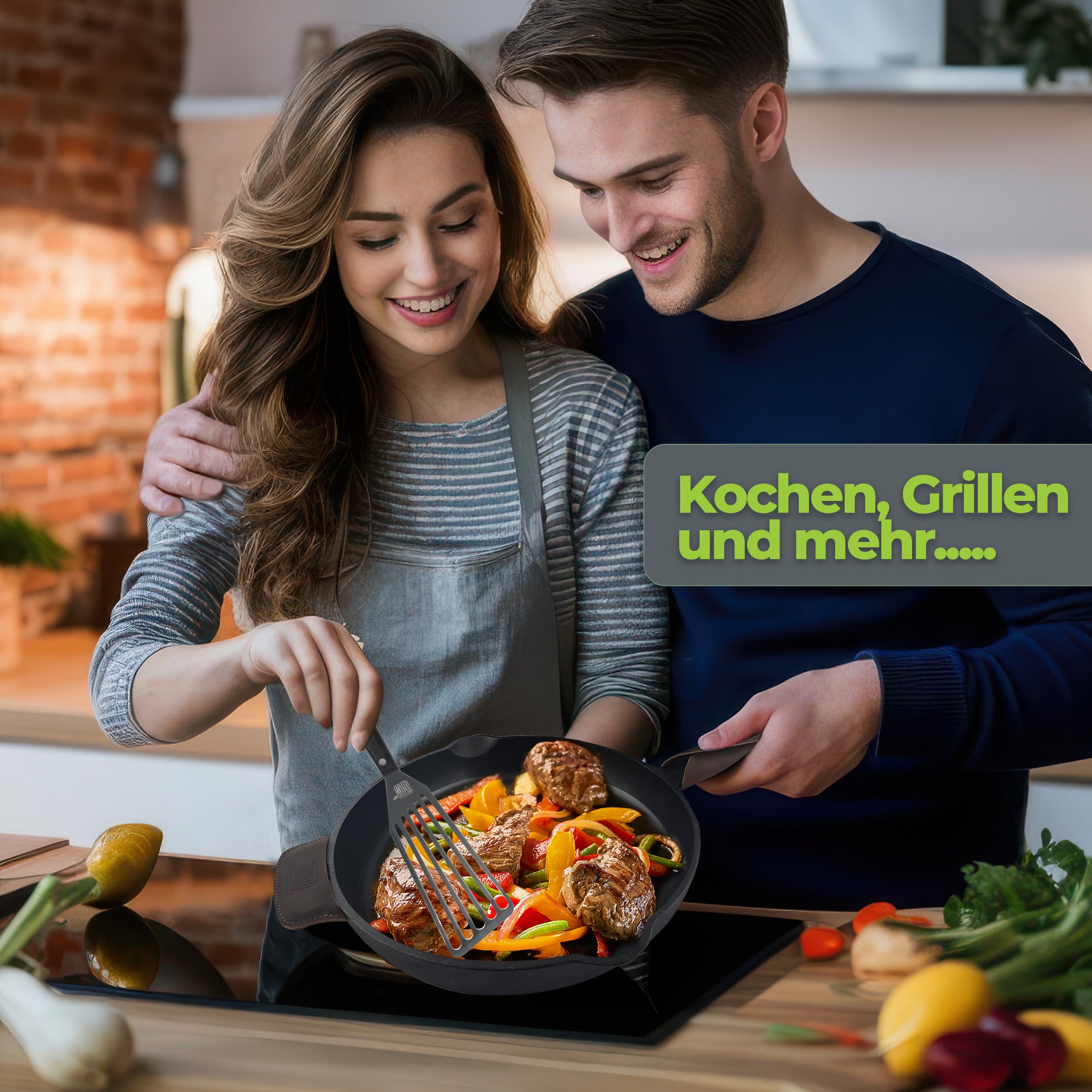 THOR Żeliwna patelnia indukcyjna 28 cm wraz z akcesoriami – szlifowana powierzchnia I patelnia indukcyjna, patelnia żeliwna, patelnia żeliwna, grill, patelnia żeliwna, patelnia żeliwna