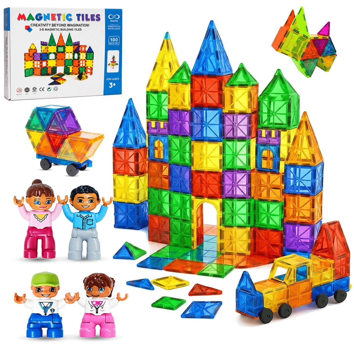 Magnetic Tiles Set 100PCS with 2 Car Bases & 4 Play Figers, Strong Magnetic Building Blocks for Kids Age 3-8 Year, STEM Educational Toy Compatible with Magna Tiles, Gift for Boys & Girls