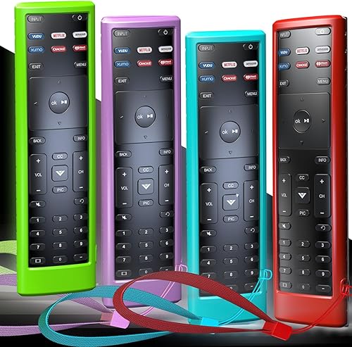 Paquete de 4 fundas para VIZIO XRT136  XRT140 Smart TV con control remoto de silicona con cordón que brilla en la oscuridad, morado, azul, verde y
