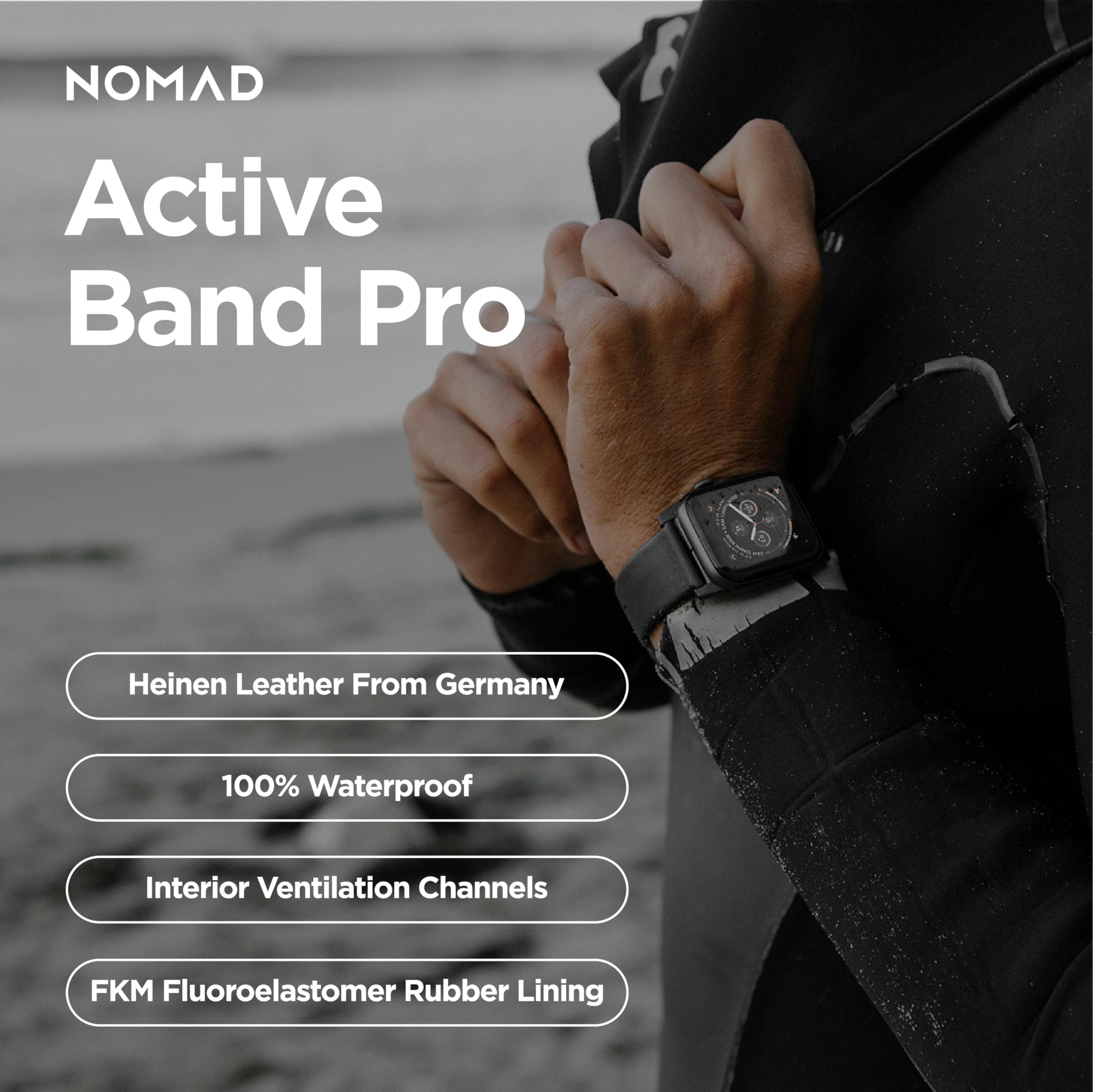 NOMAD Modern Strap Black Connector Black Active Leather Pro strapazierfähiges Uhrenarmband aus Leder und Kunststoff FKM für die Apple Watch 42/44/45/49mm in schwarz mit schwarzen Schnallen