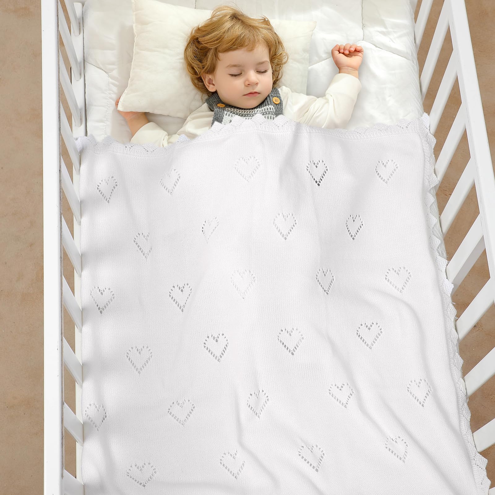 mimixiong Cellular Blanket Newborn Knitted Soft Cotton Baby Blanket for Newbron Baby Boy Girls 100x80cm (White) - Image 2