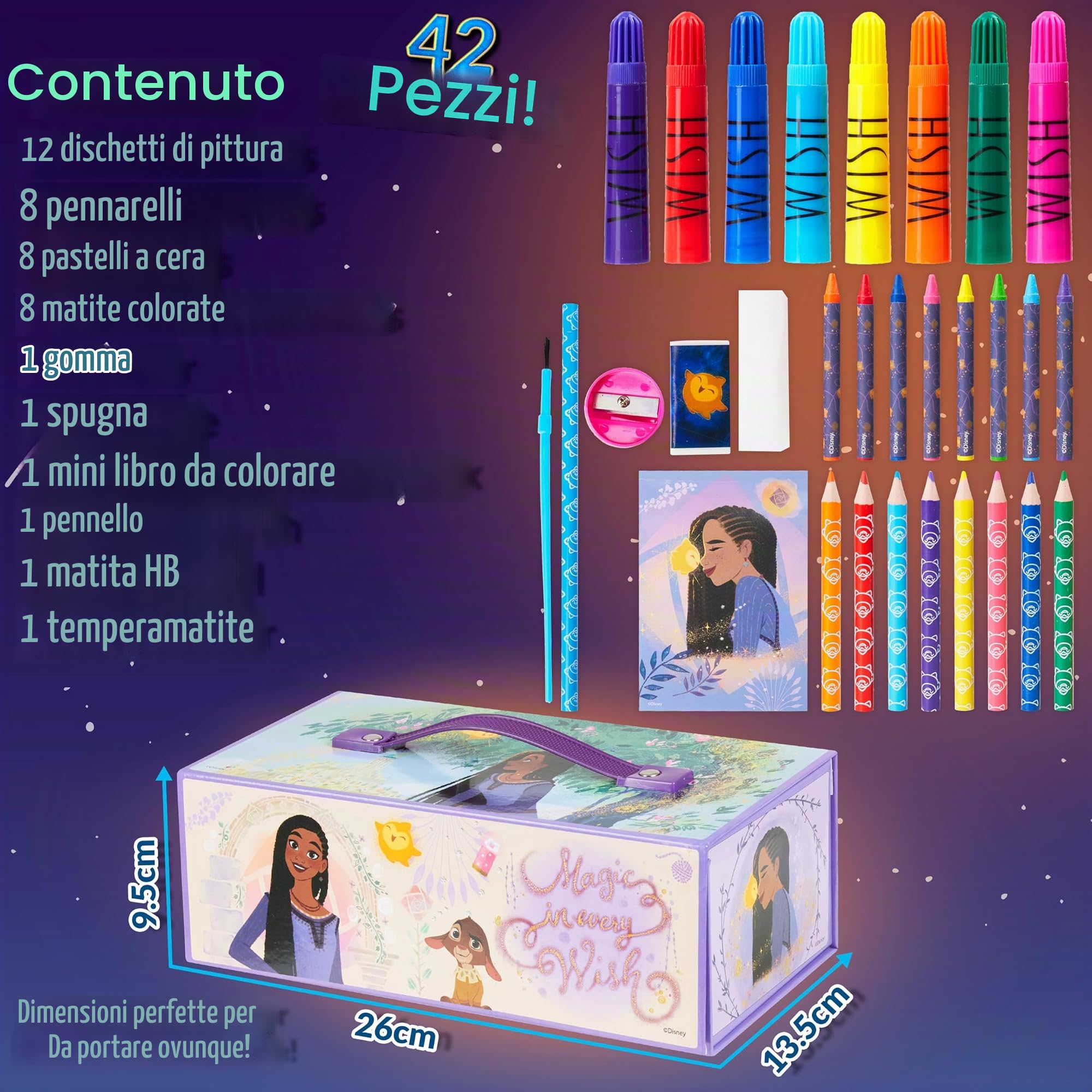 Disney Wish Valigetta Colori Bambina - Kit Disegno 40 + Acquerelli Per Bambini Colori A Matita Pennarelli Pennello Idea Regalo Creativa Bambine