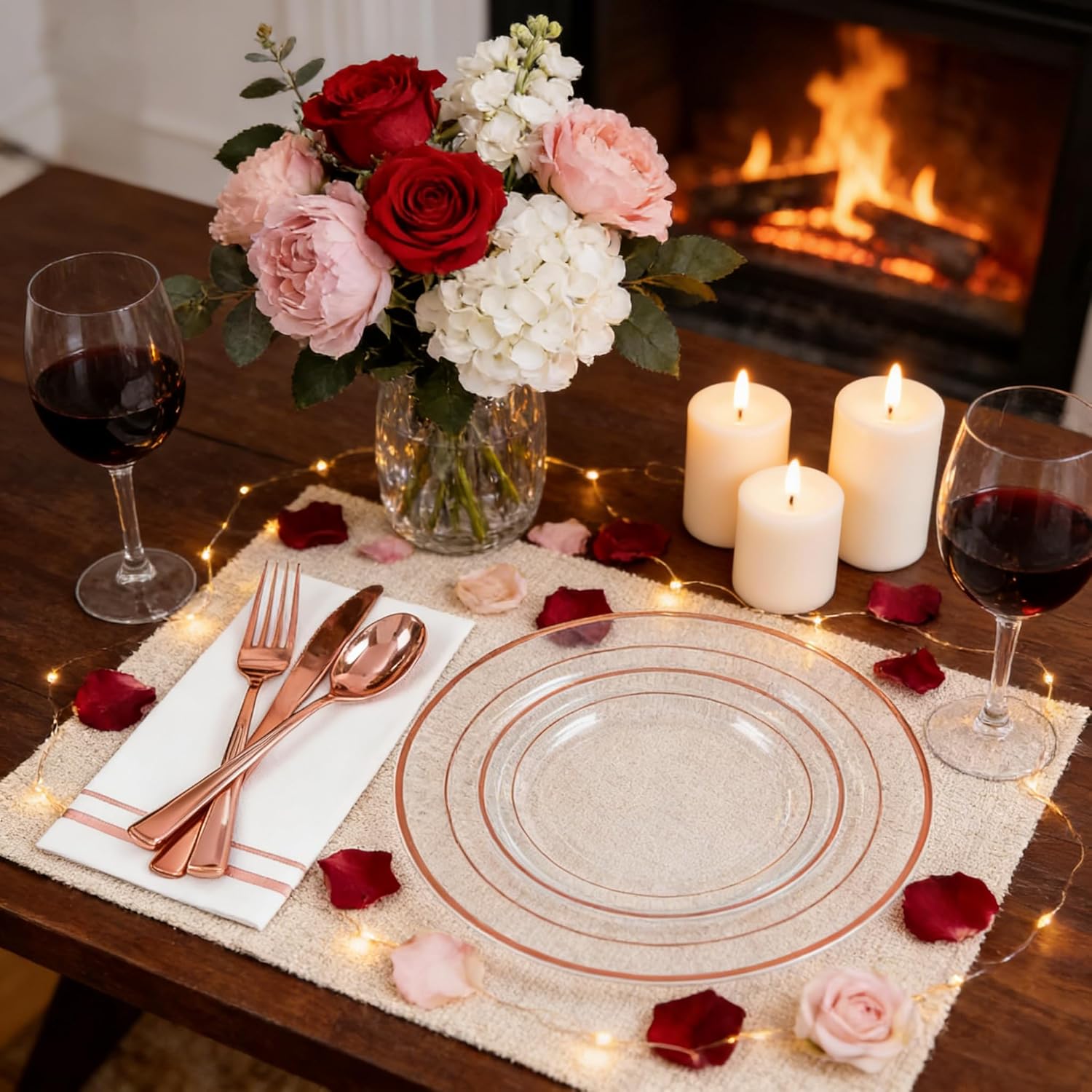 GATHER 350PCS Rose Gold Plastic Plates - Disposable Rose Gold Dinnerware Includes 100 Clear Rose Golds Rimmed Plastic Plates, 150 Silverware, 50 Napkins, 50 Cups for Party, Wedding, Valentine's Day - Image 7