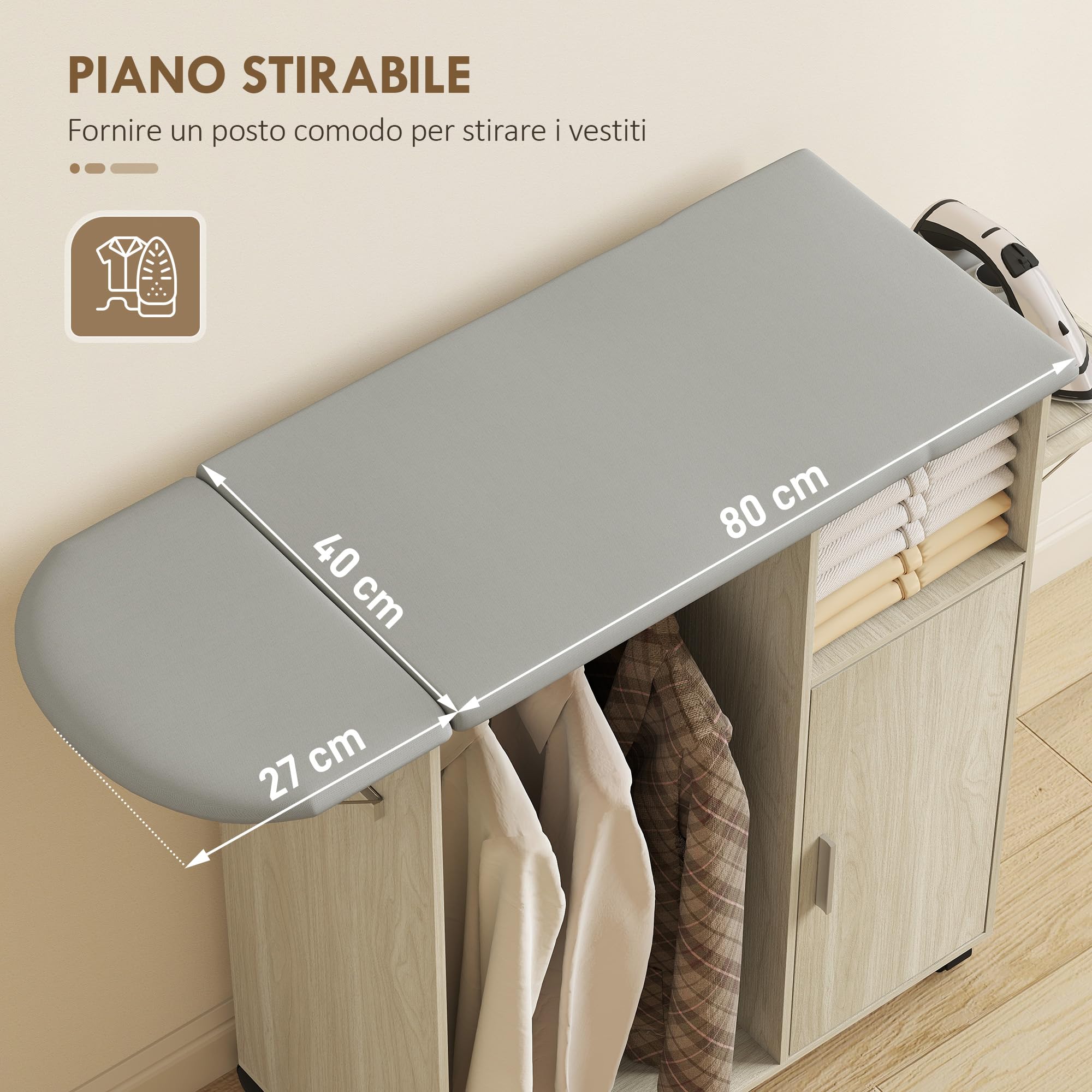 HOMCOM Table à Repasser Pliable avec roulettes à Frein et Porte-Fer à Repasser, Meuble à Repasser Multifonctionnel avec Barre à cintres, étagères réglables, pour buanderie, Salle de Bain, 127 x 42,5