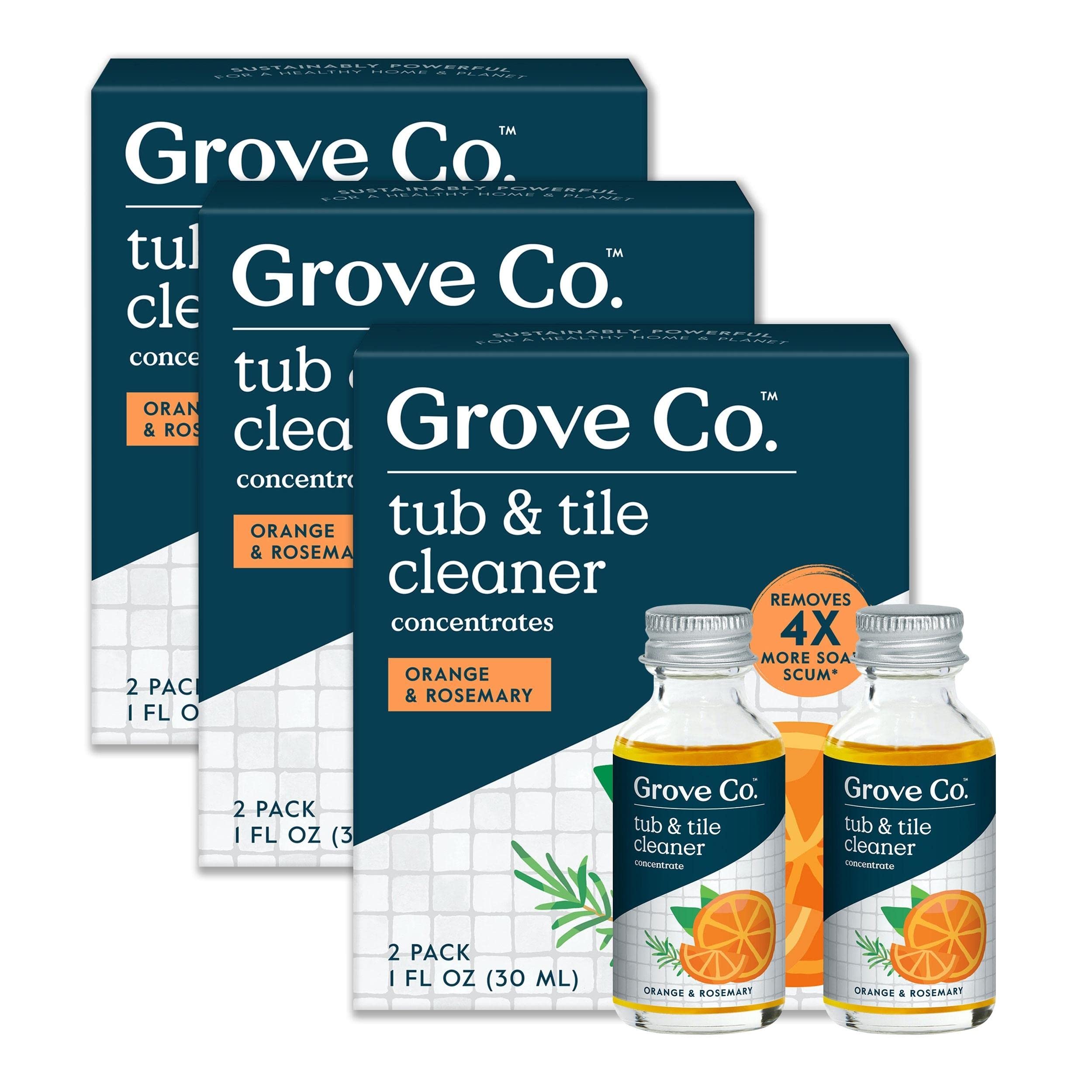 Grove Co. Tub and Tile Cleaner, Refill Concentrate (6 x 1 Fl Oz) Plant-Based Household Cleaning Supplies, No Plastic Waste, 100% Natural Orange & Rosemary Fragrance, 3 x 2 Pack Refills