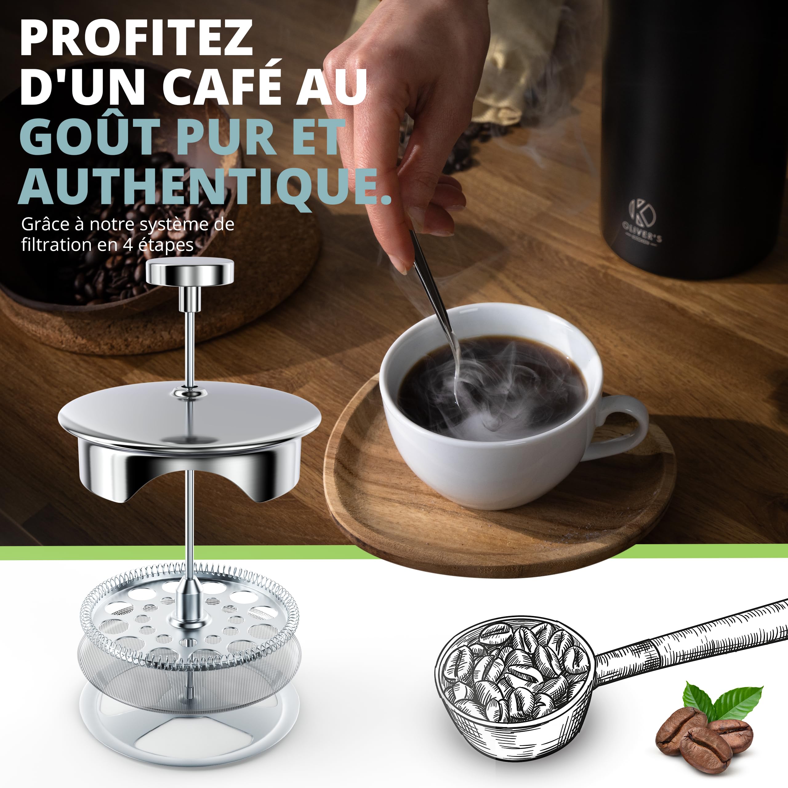 Oliver's Kitchen ® Cafetière à Piston Isotherme à Double Paroi de Qualité Supérieure - Noir - 1 litre