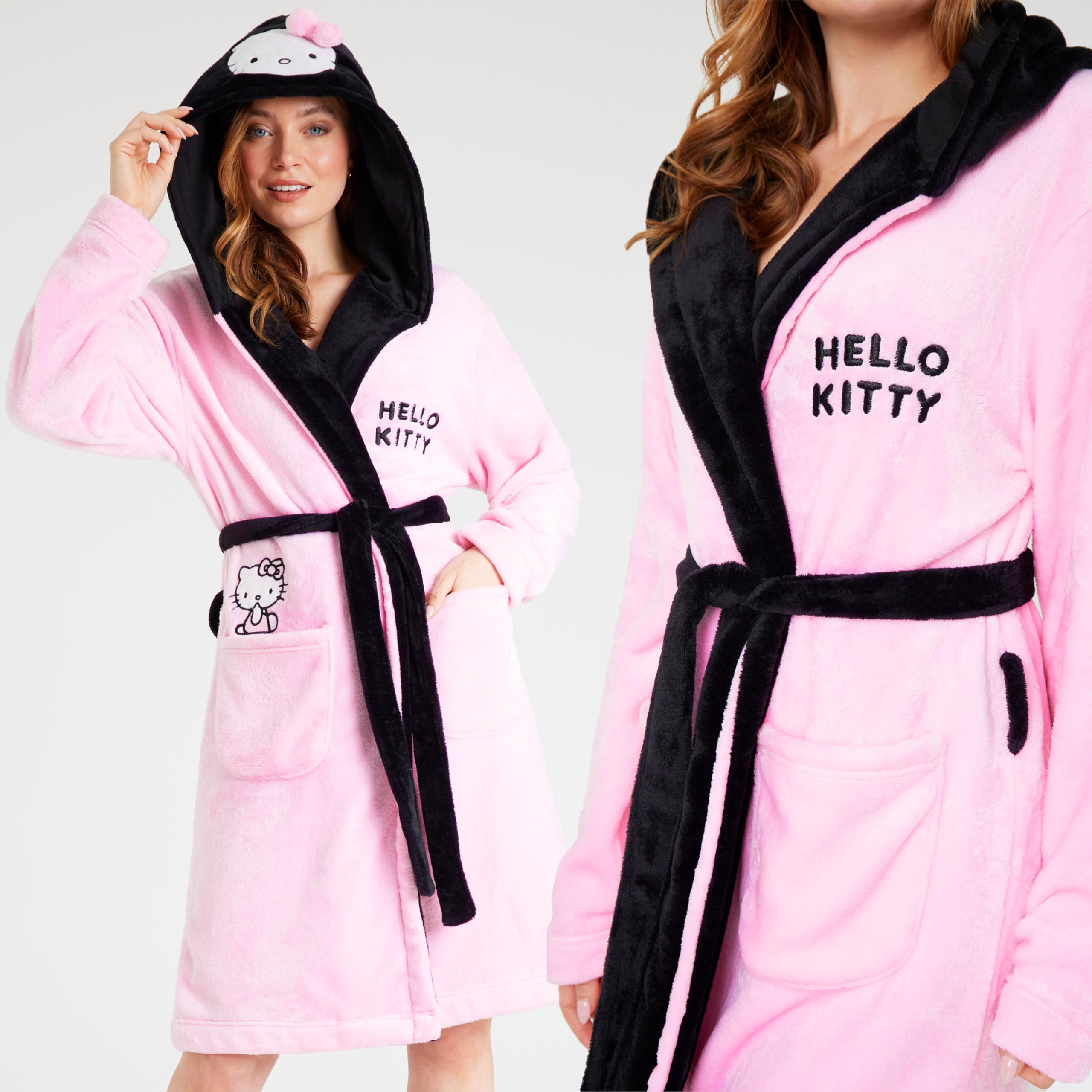 Hello Kitty Sanrio Accappatoio Donna Adolescenti con Cappuccio Pile Accogliente, Abbigliamento da Casa, Anime Regalo Donna