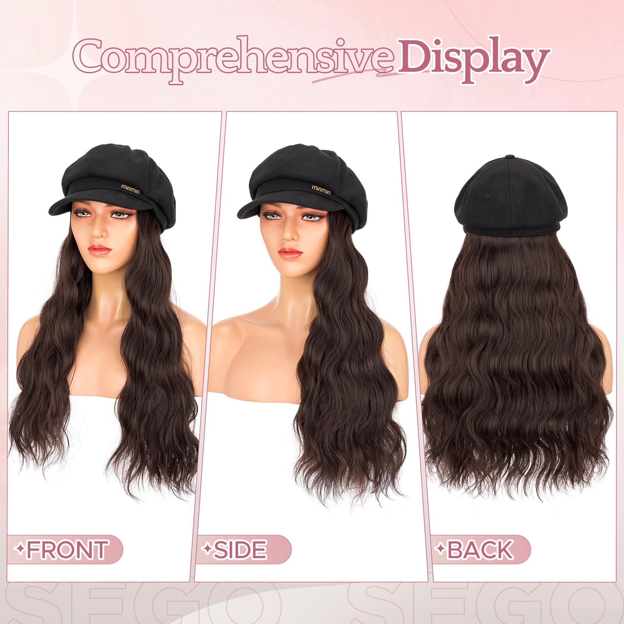 SEGO 18 Inch Long Wavy Hair Extension With Attached Black Beret Hat Synthetic Hairpiece Fashionable For Women - Medium Brown - Image 3