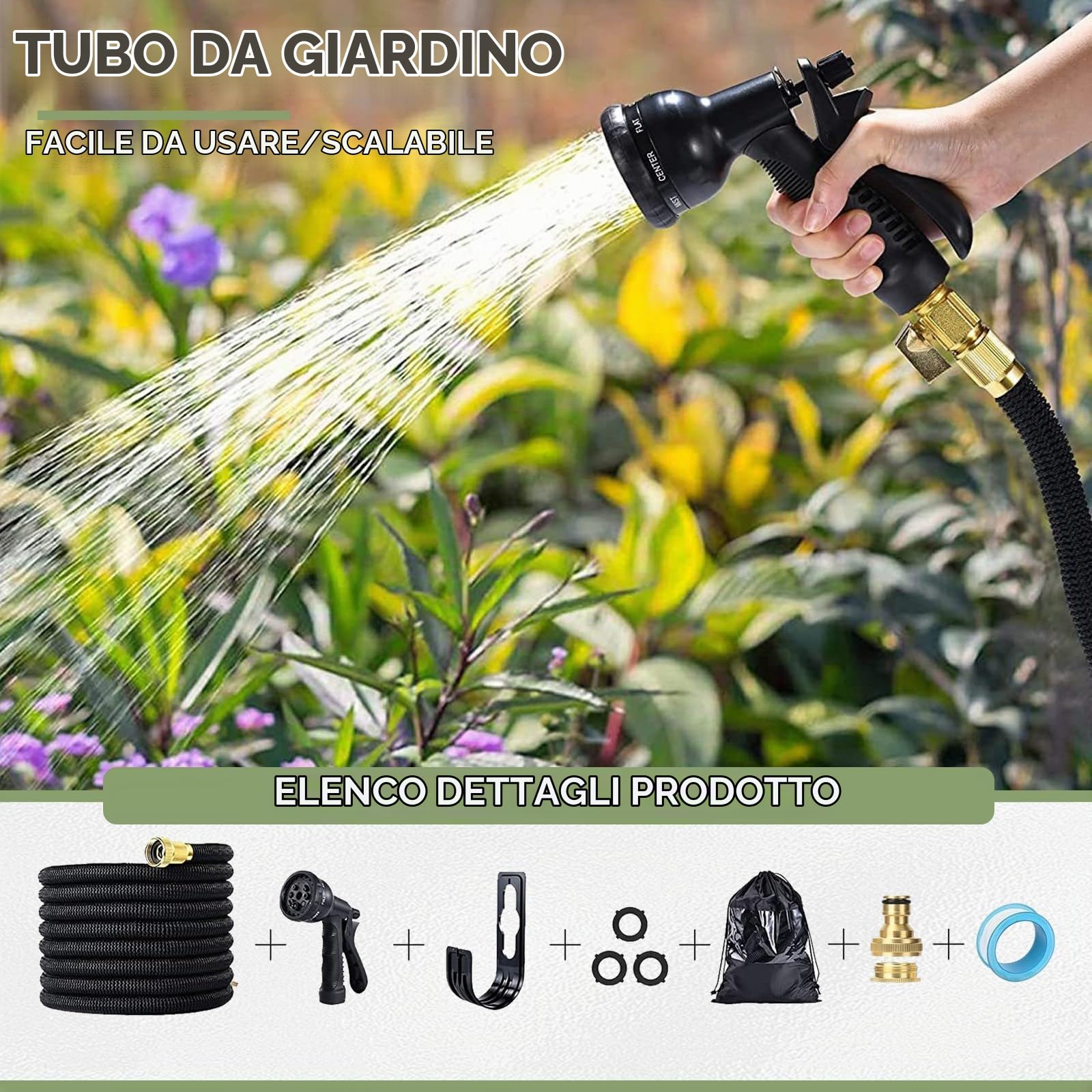 LINGKY Tubo Estensibile da Giardino 23 Metri Tubo Acqua Giardino - Canna Acqua Giardino con 8 Modalità di Spruzzo - Tubo Irrigazione con Raccordi in Ottone da 1/2" e 3/4" Attacco
