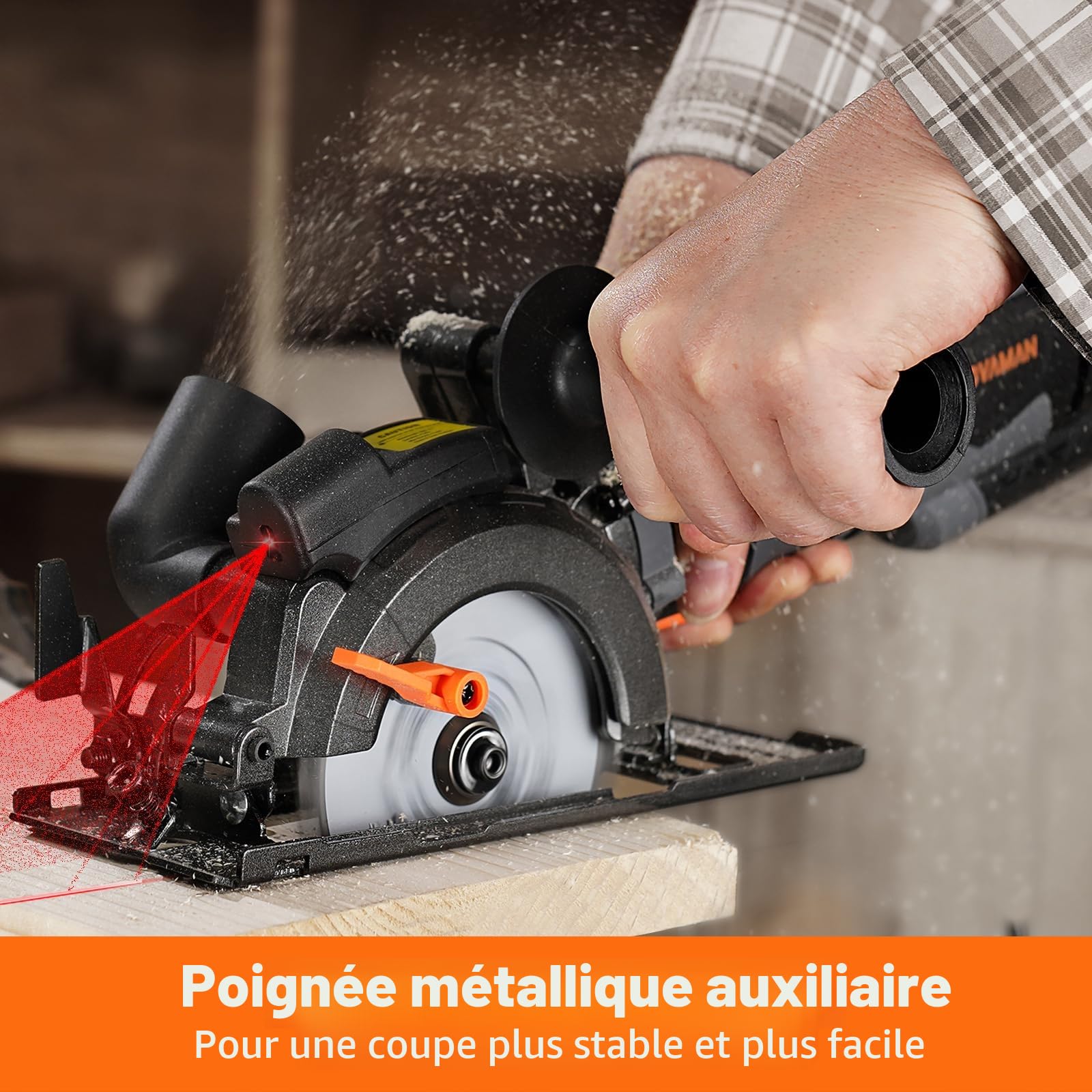DOVAMAN Mini Scie Circulaire, 710W 115mm w/Laser, 3500RPM, Poignée Auxiliaire, Profondeur de Coupe de 43mm (90°), 29mm (45°), 6 Lames, pour le Bois, Métal Souple, Plastique, Carrelage - MCS01A