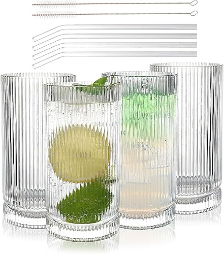 Juego de cristalería vintage acanalada con pajitas, vasos de 16 onzas, estilo origami, juego de 4, diseño estriado, ideal para agua, café helado,