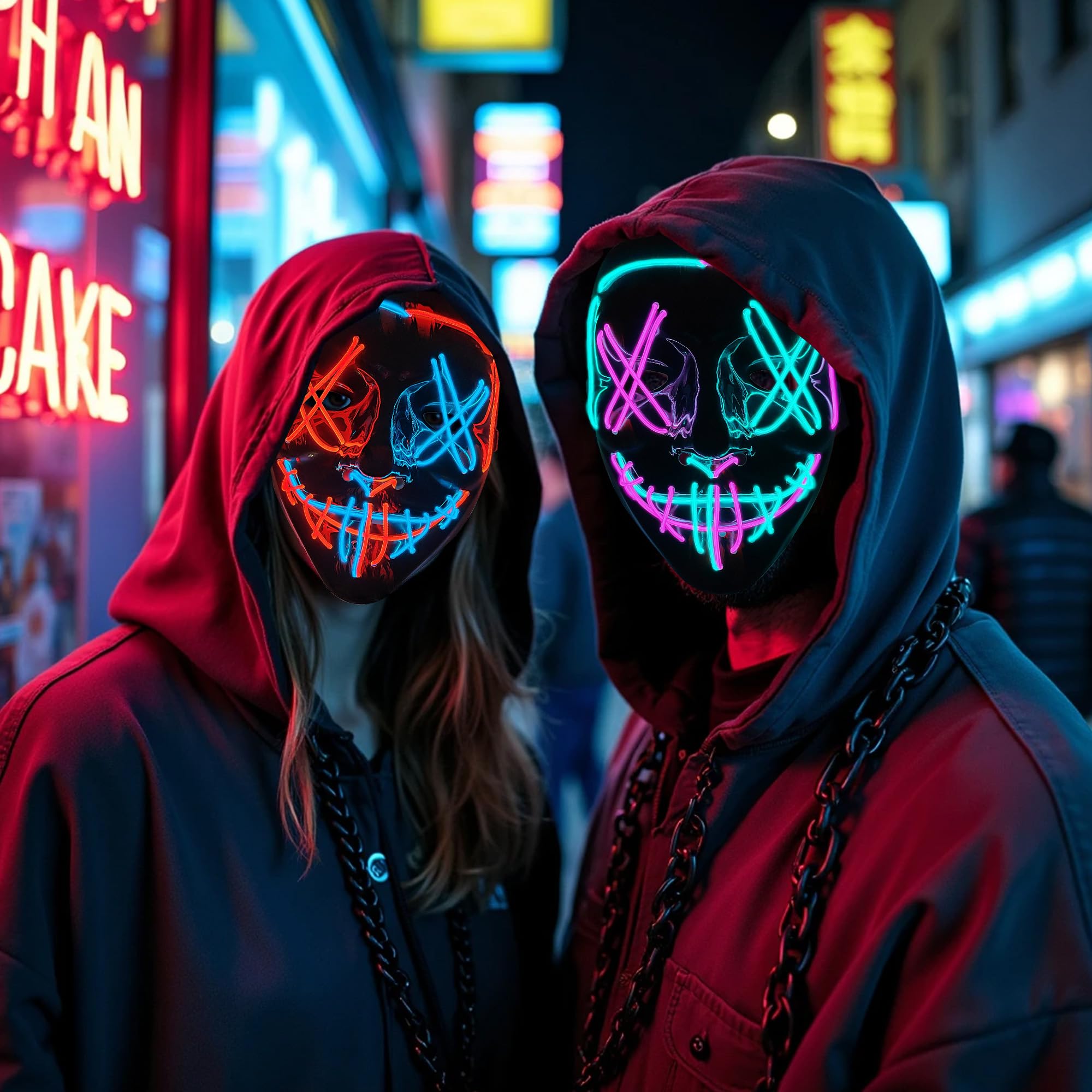 2 sztuki masek na Halloween, świecące maski oczyszczające LED, kostium cosplay dla mężczyzn i kobiet, straszna twarz, na imprezę, karnawał, prezent, 2 szt