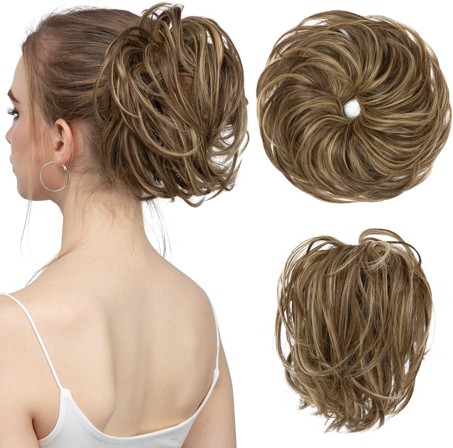 SARLA Messy Bun Hair Piece for Women Updo Synthetic Tousled Ponytail Hair Piece Scrunchies Bun Extensions Brunette/Butter Blonde
