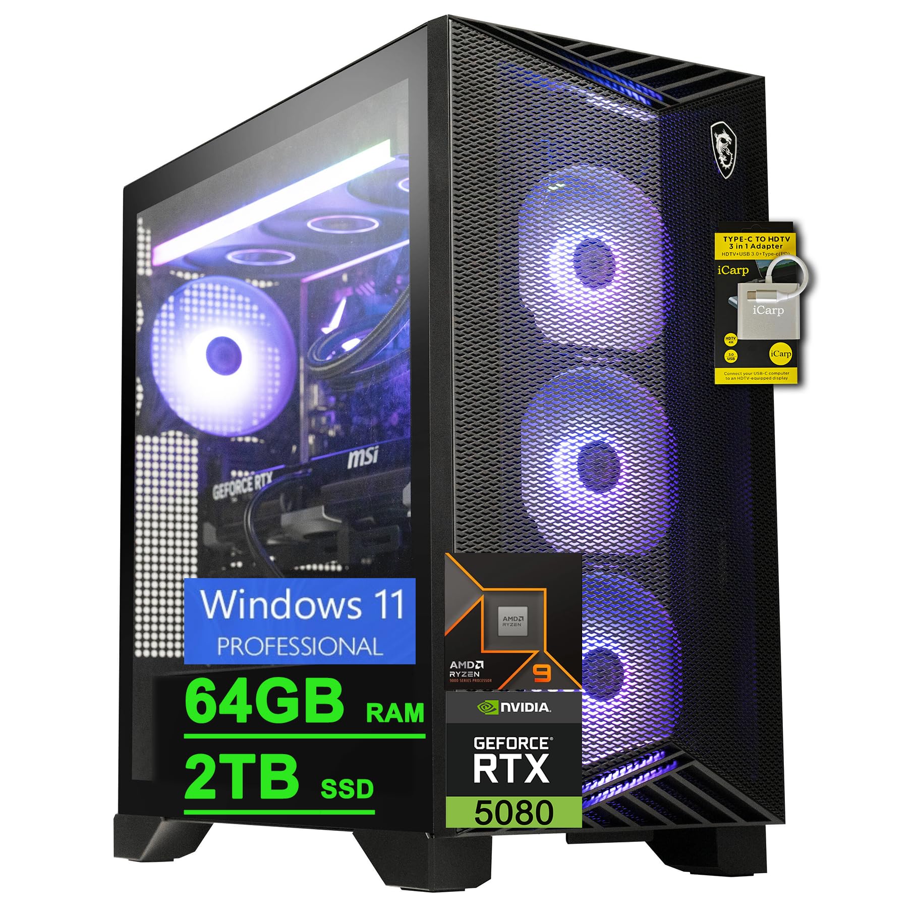 msi Aegis ZS2 Gaming Desktop AMD 12-core Zen 5 Ryzen 9 9900X (Beats i9-14900HX) 64GB DDR5 2TB SSD GeForce RTX 5080 DLSS4 360mm Liquid Cooler 850W 80+