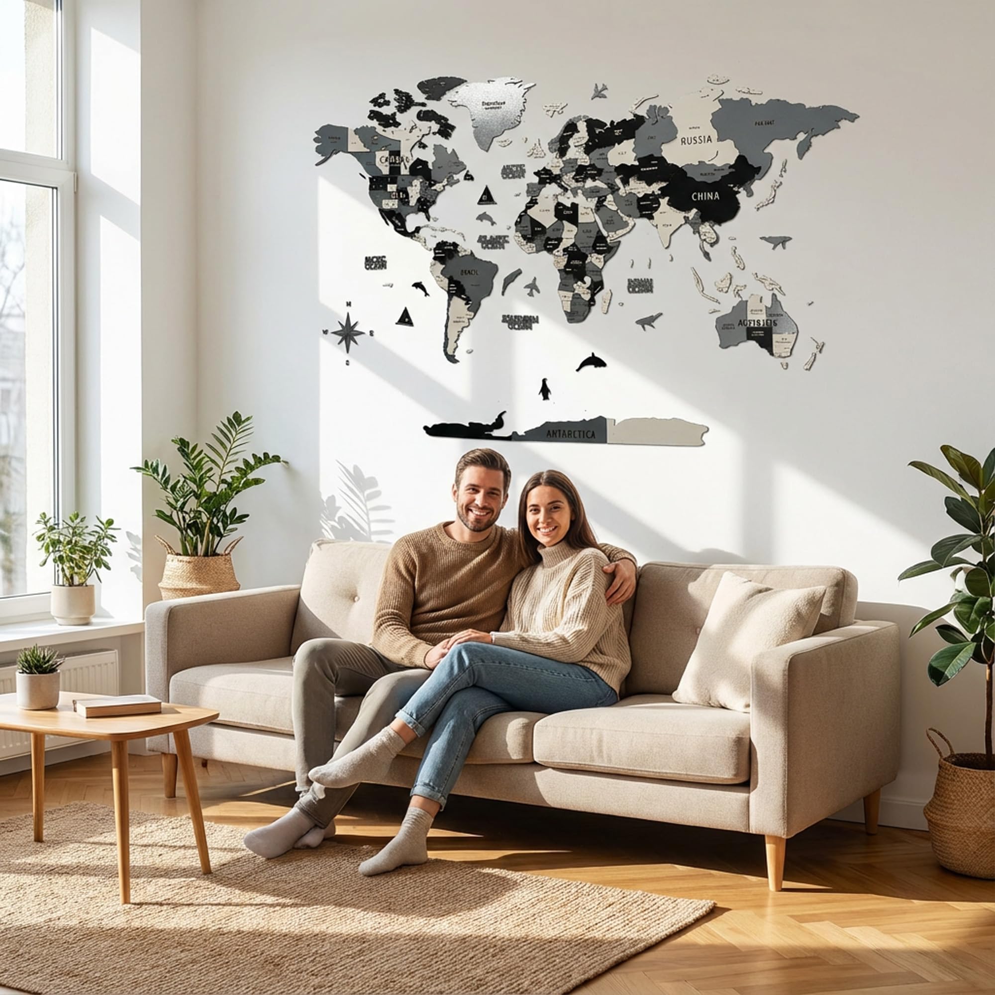 Colorfull Worlds Drewniana mapa świata 3D, sztuka ścienna, unikalna dekoracja ścienna ze szpilkami dla entuzjastów podróży, dekoracja ścienna domu i biura, szara, duża
