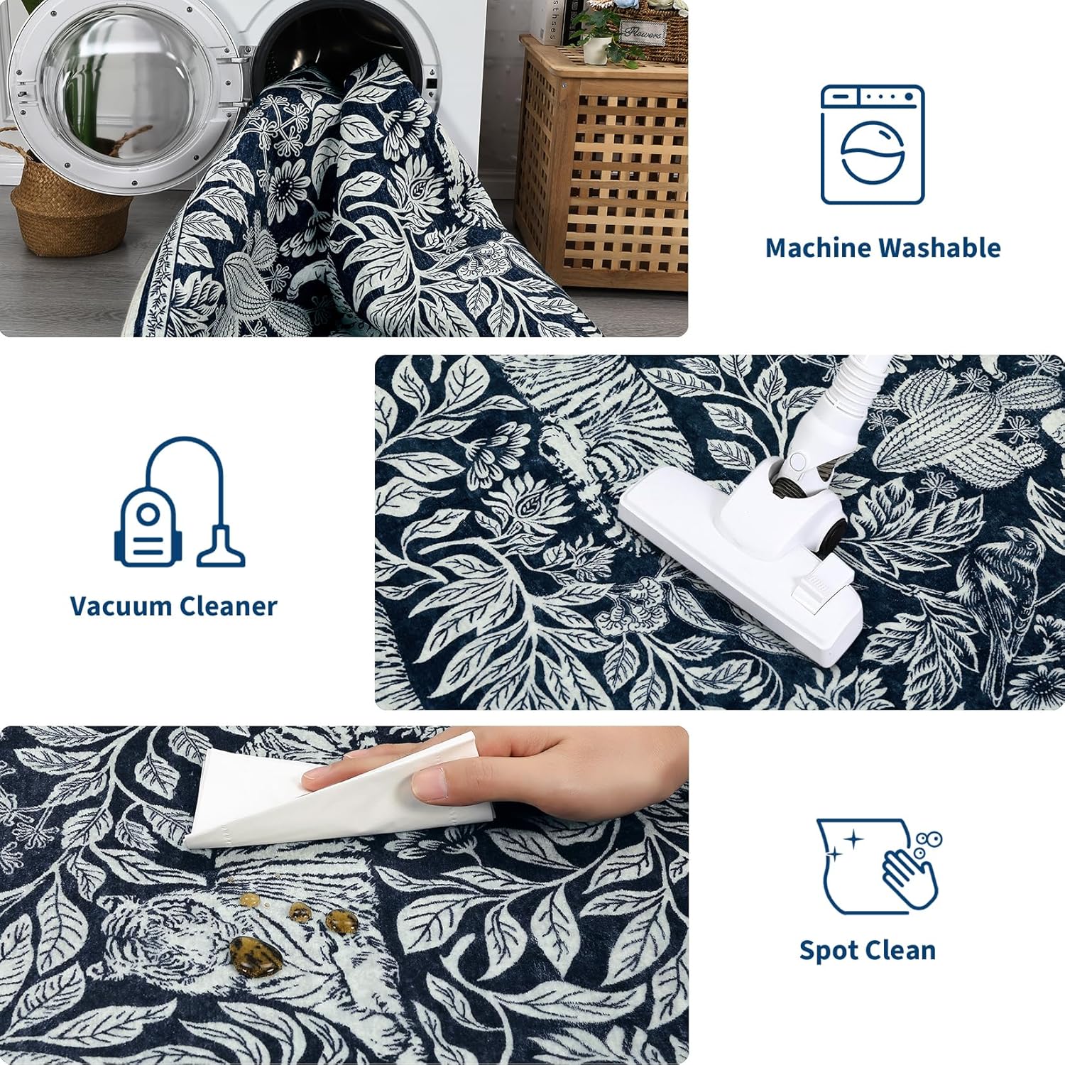 Garvee Washable Modern 2x6 Runner Rug Blue Hallway Runner Indoor Contemporary Throw Carpet Soft Floral Foldable Thin Mat with Tiger and Leaf Print Non Slip Accent Rug for Kitchen Laundry Bathroom