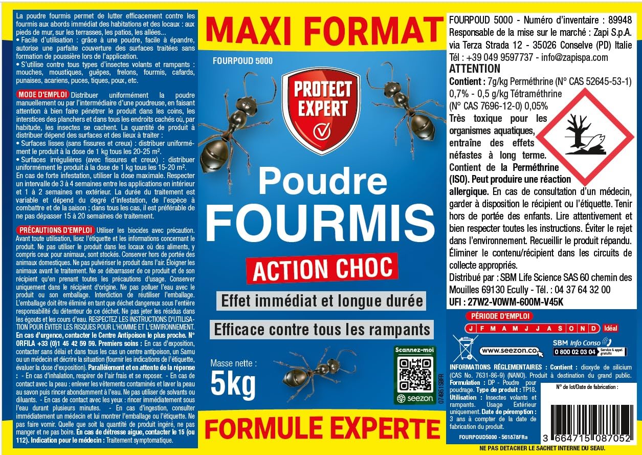 PROTECT EXPERT Poudre Anti-Fourmis Insecticide 5Kg Grand Format Économique - 20x Plus Grand - Action Choc Longue Durée - Extérieur Intérieur Jardin Terrasse Maison FOURPOUD5000