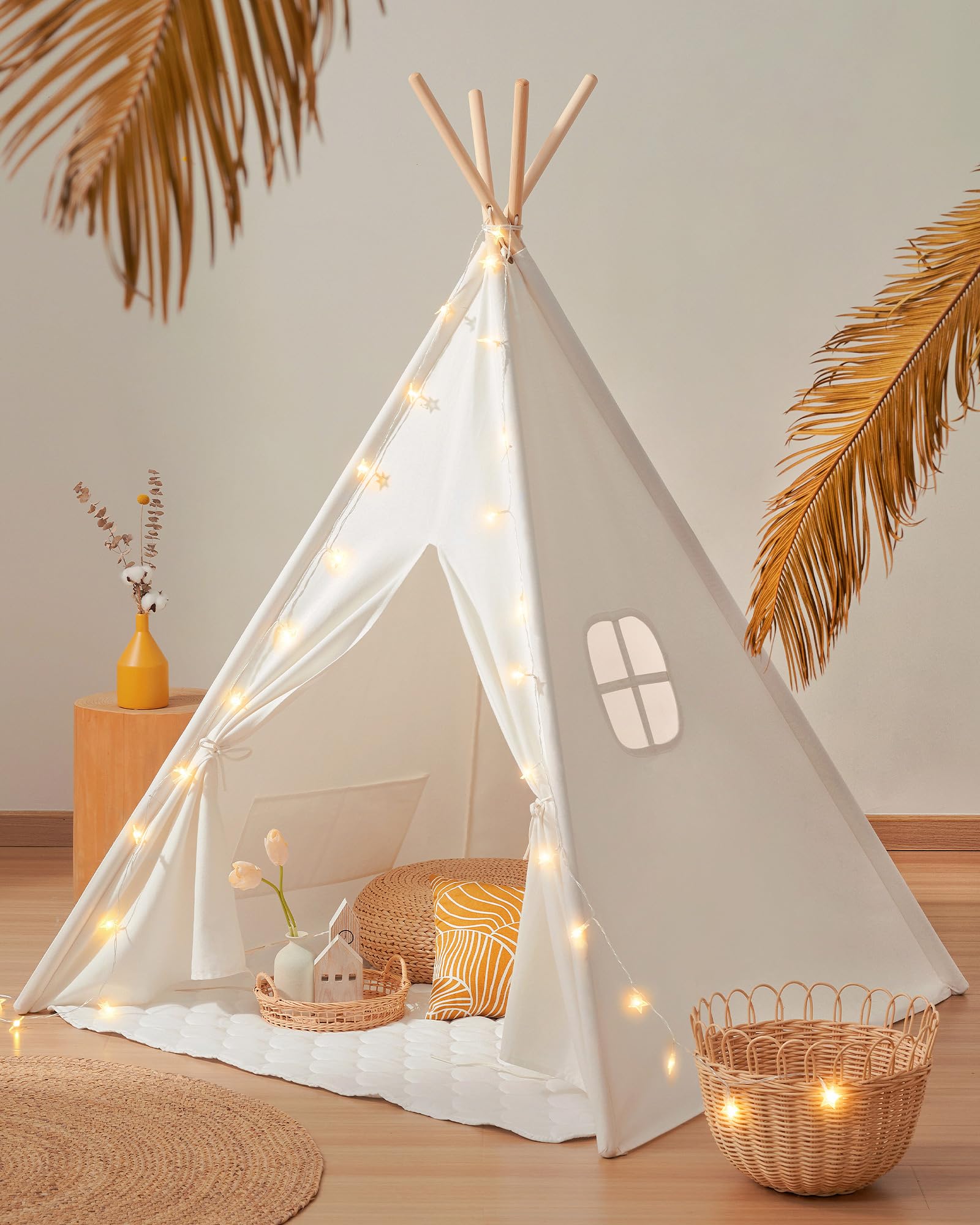 Tiny Land Tipi Zelt für Kinder Mit Gepolsterter Decke, Lichterkette, Tasche | Tippi Kinderzelt, Spielzelt Kinder Indoor Outdoor, Spielhaus Garten, Waschbar Faltbar Segeltuch Zelt Kinderzimmer Leseecke