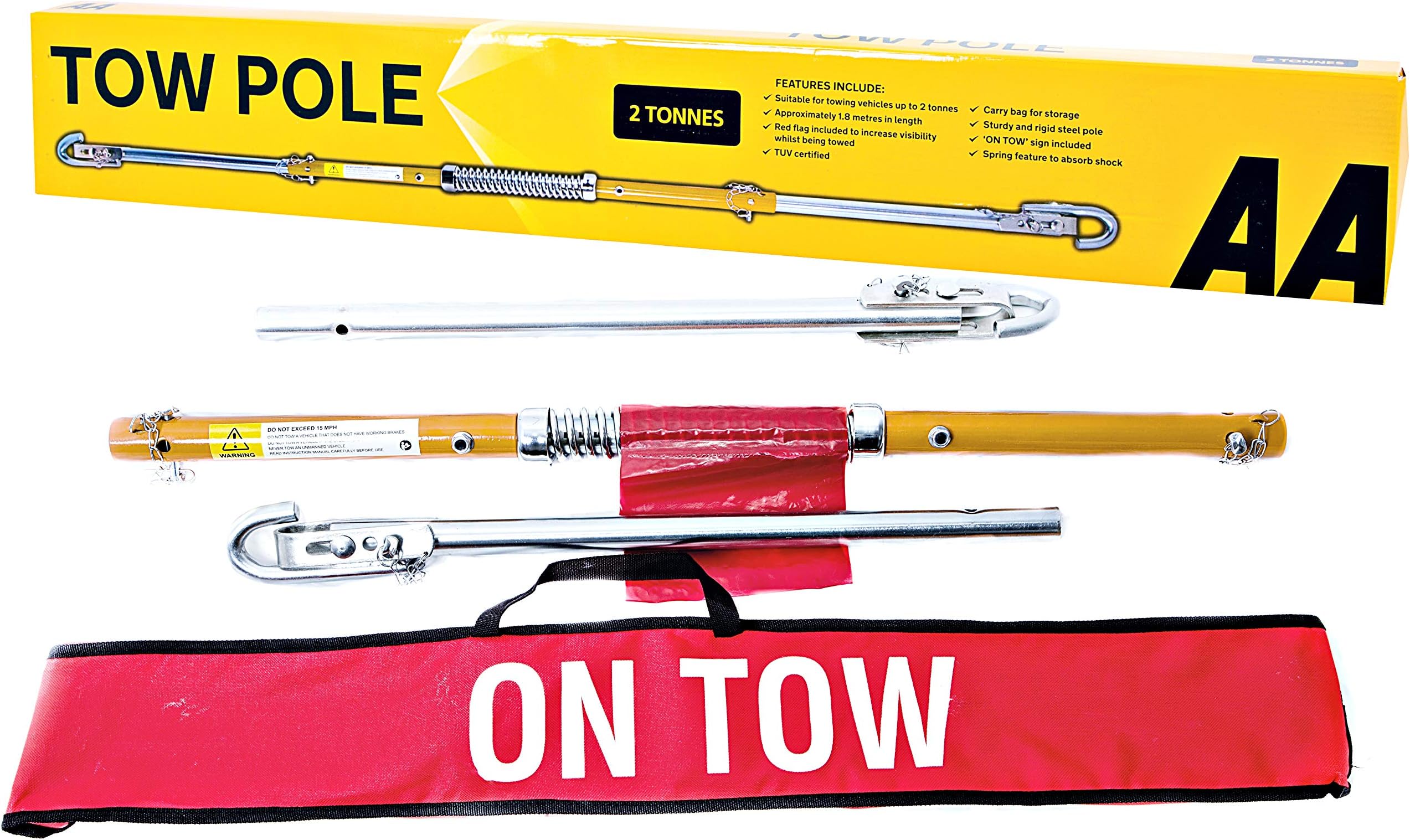 AA Rigid Steel 3 Part Tow Pole AA6165 - for Towing Cars and Vehicles up to 2 Tonnes - 1.8 m Long TUV Certified Includes ON Tow Sign and Red Flag, Yellow