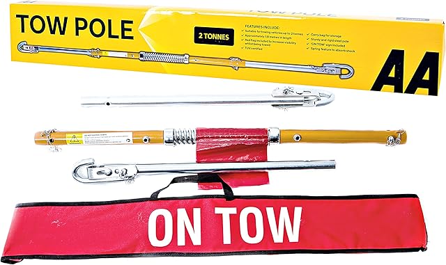 AA Rigid Steel 3 Part Tow Pole AA6165 - for Towing Cars and Vehicles up to 2 Tonnes - 1.8 m Long TUV Certified Includes ON TOW Sign and Red Flag , Yellow