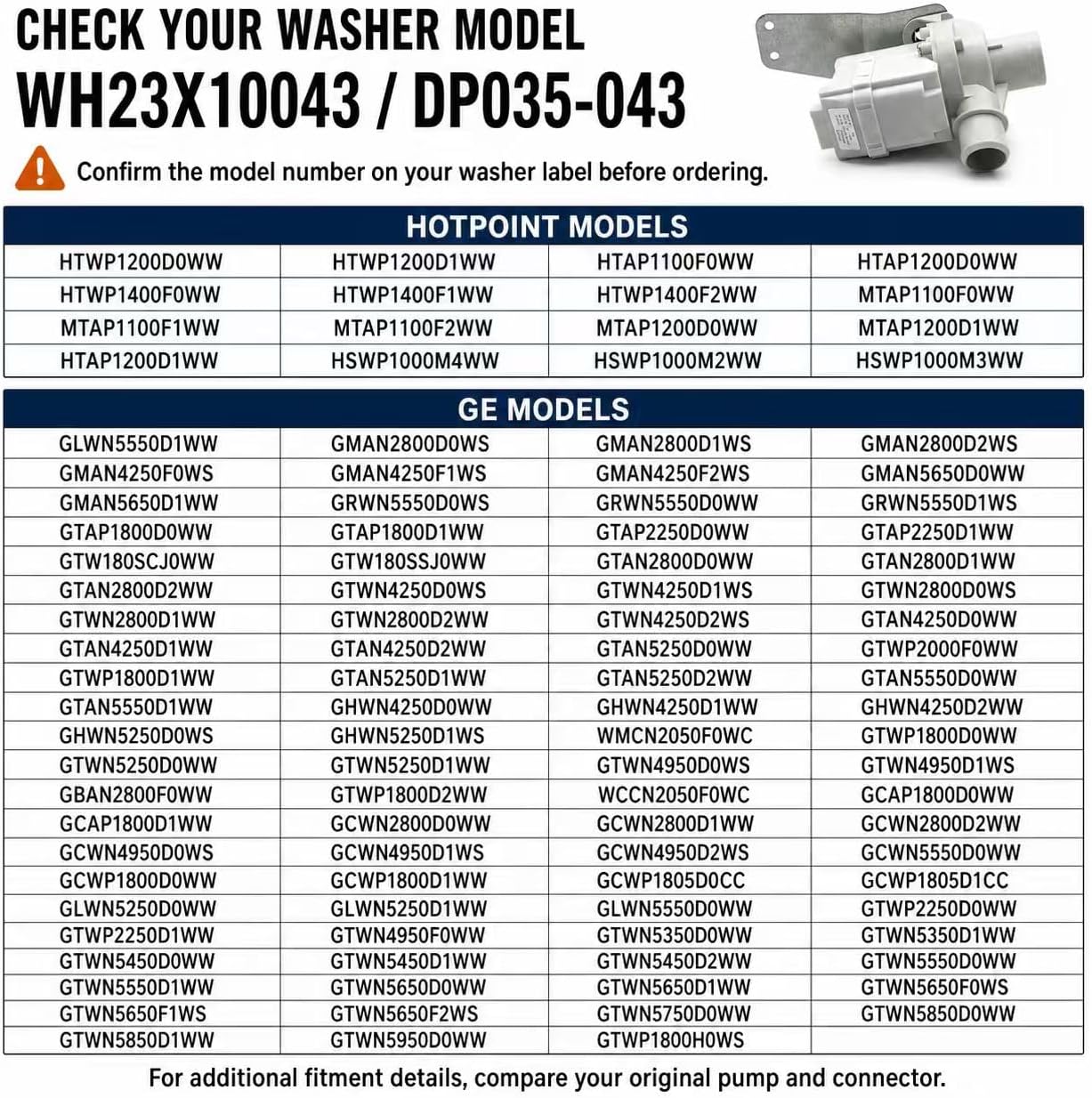 WH23X10043 DP035-043 Washer Drain Pump Compatible